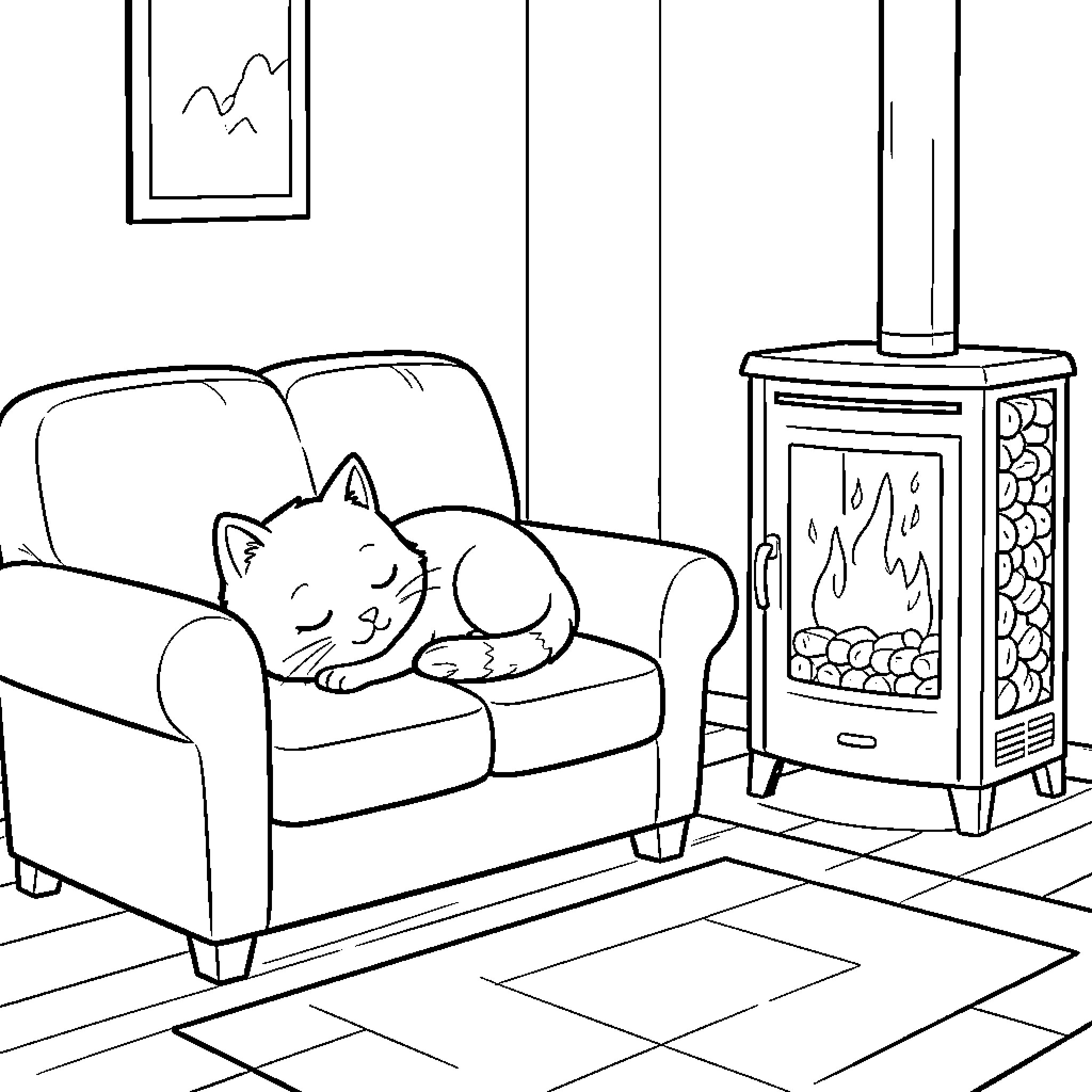 Cat relaxing cozily by the fireplace Coloring Page (free black-and-white line drawing printable PDF for all, from beginners to advanced learners, including children, teens, adults, and seniors)