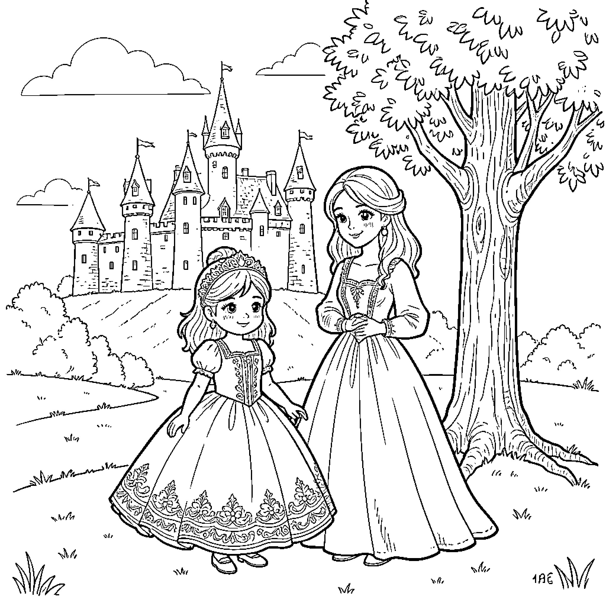 Fille in princess dresses standing near a castle Coloring Page (free black-and-white line drawing printable PDF for all, from beginners to advanced learners, including children, teens, adults, and seniors)