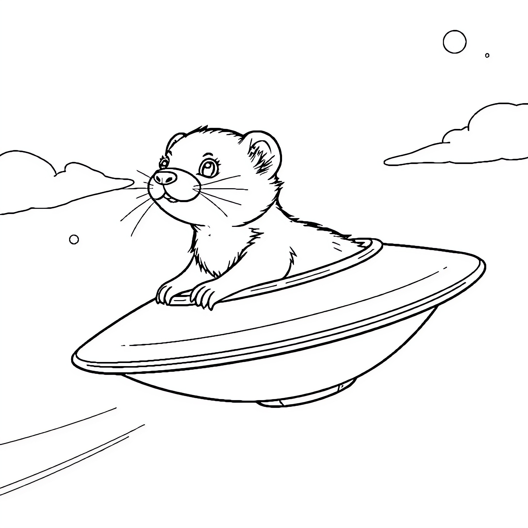Ferret surfing through the sky Coloring Page (free black-and-white line drawing printable PDF for all, from beginners to advanced learners, including children, teens, adults, and seniors)