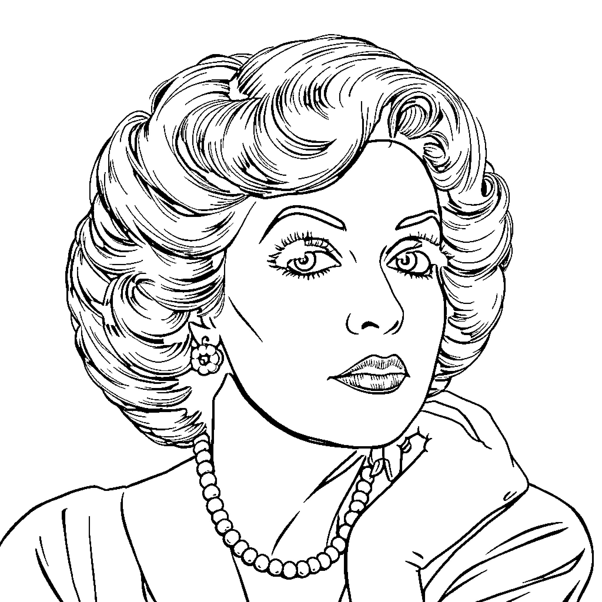 Bette Davis in glamorous portrait with signature hairstyle Coloring Page (free black-and-white line drawing printable PDF for all, from beginners to advanced learners, including children, teens, adults, and seniors)