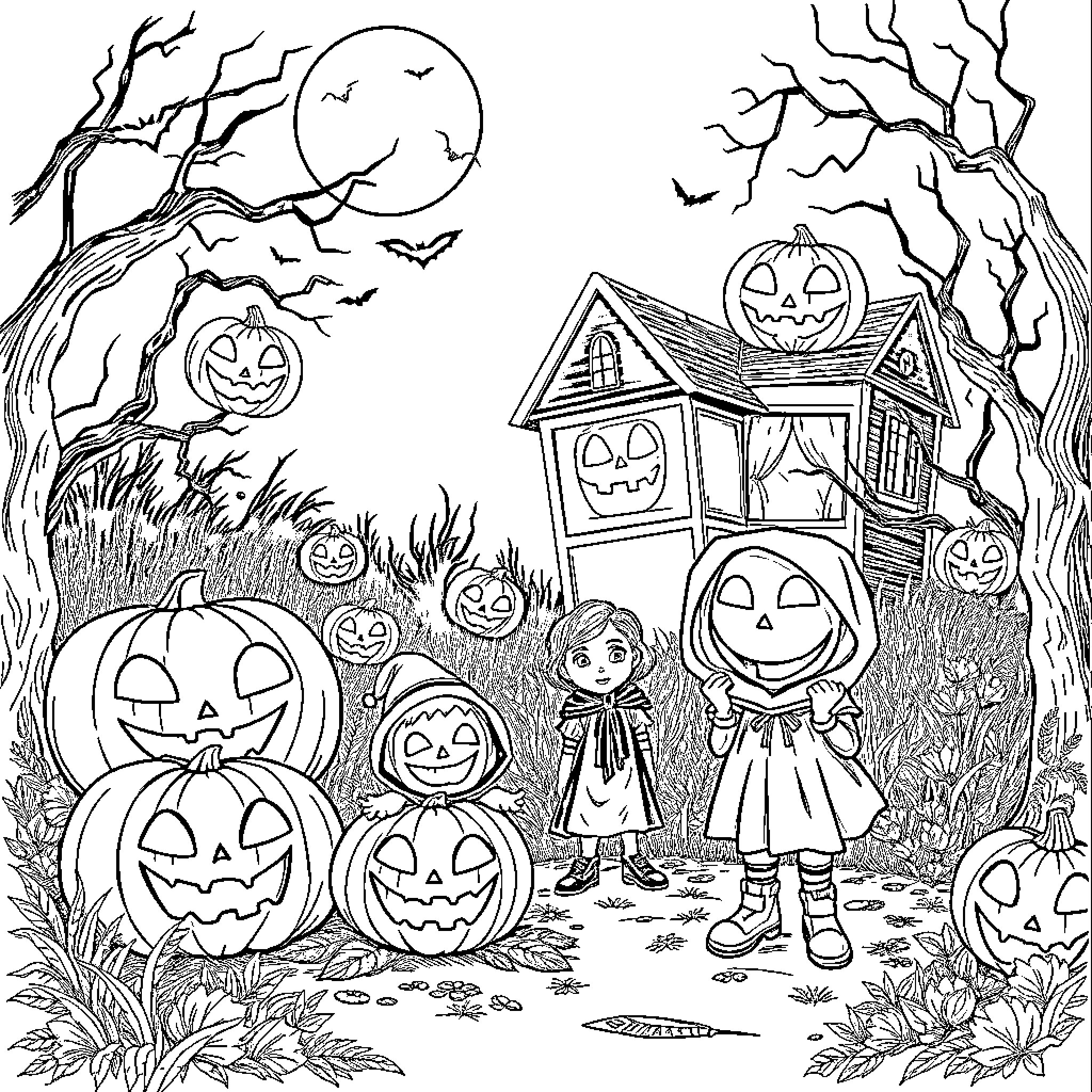 Halloween Trick-or-Treating Scene with Haunted House and Pumpkins Coloring Page (free black-and-white line drawing printable PDF for all, from beginners to advanced learners, including children, teens, adults, and seniors)