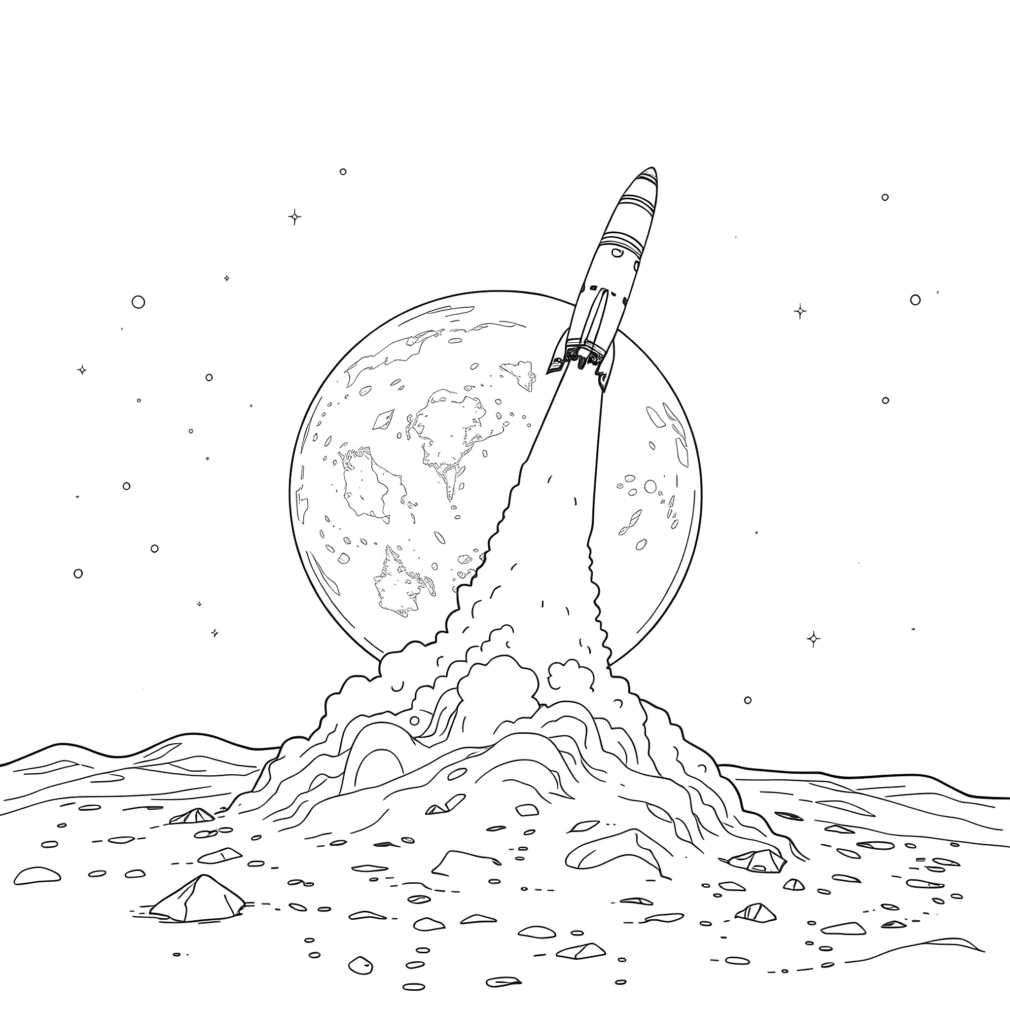 Rocket launching into the starry night sky Coloring Page (free black-and-white line drawing printable PDF for all, from beginners to advanced learners, including children, teens, adults, and seniors)