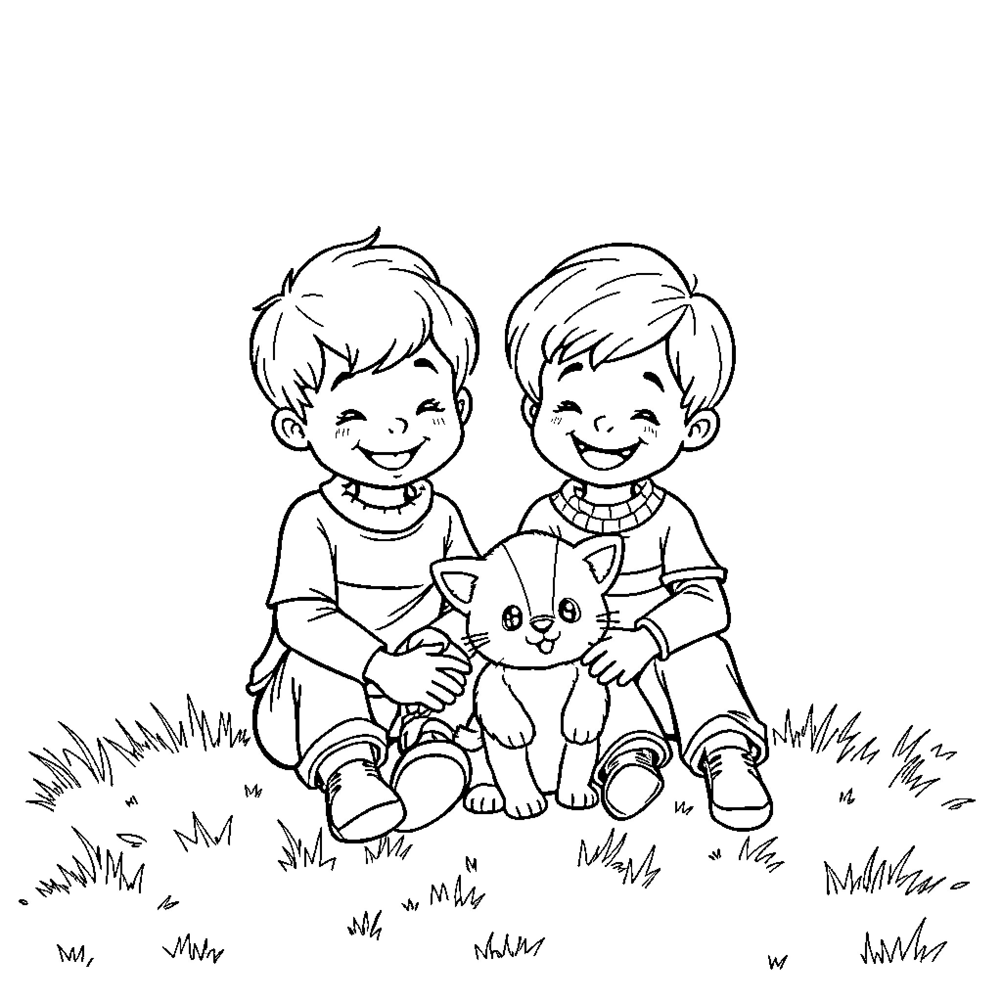 Twin boys playing with cute puppy in the field Coloring Page (free black-and-white line drawing printable PDF for all, from beginners to advanced learners, including children, teens, adults, and seniors)