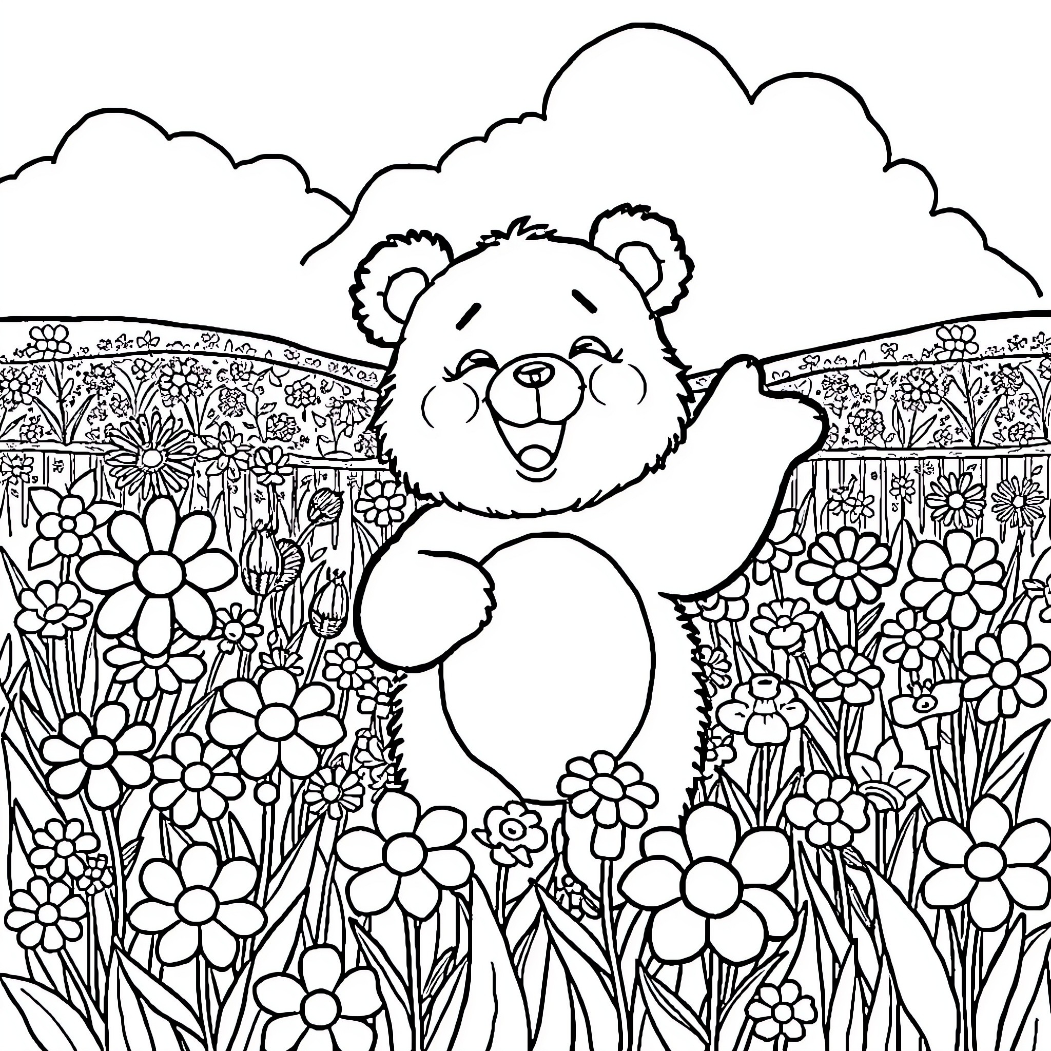 Carebear enjoying a sunny day in the garden Coloring Page (free black-and-white line drawing printable PDF for all, from beginners to advanced learners, including children, teens, adults, and seniors)