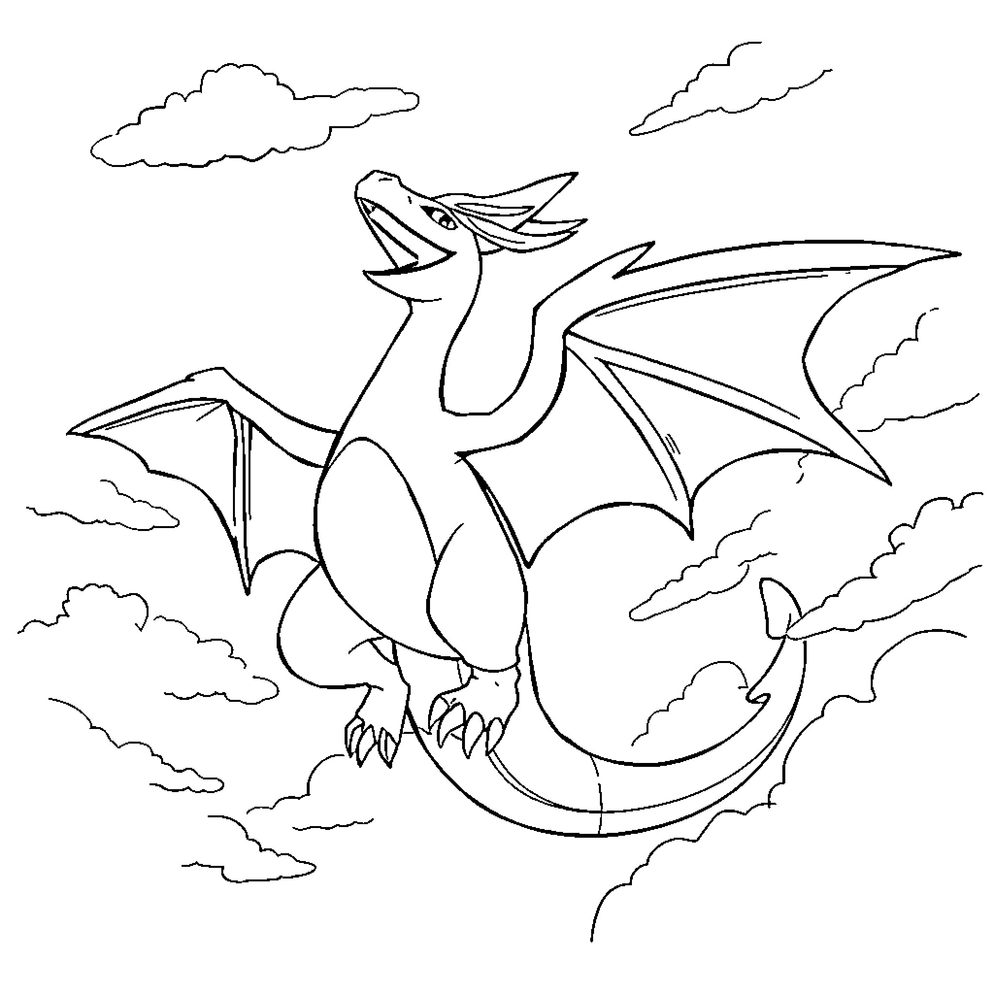 Charizard flying amongst the clouds Coloring Page (free black-and-white line drawing printable PDF for all, from beginners to advanced learners, including children, teens, adults, and seniors)