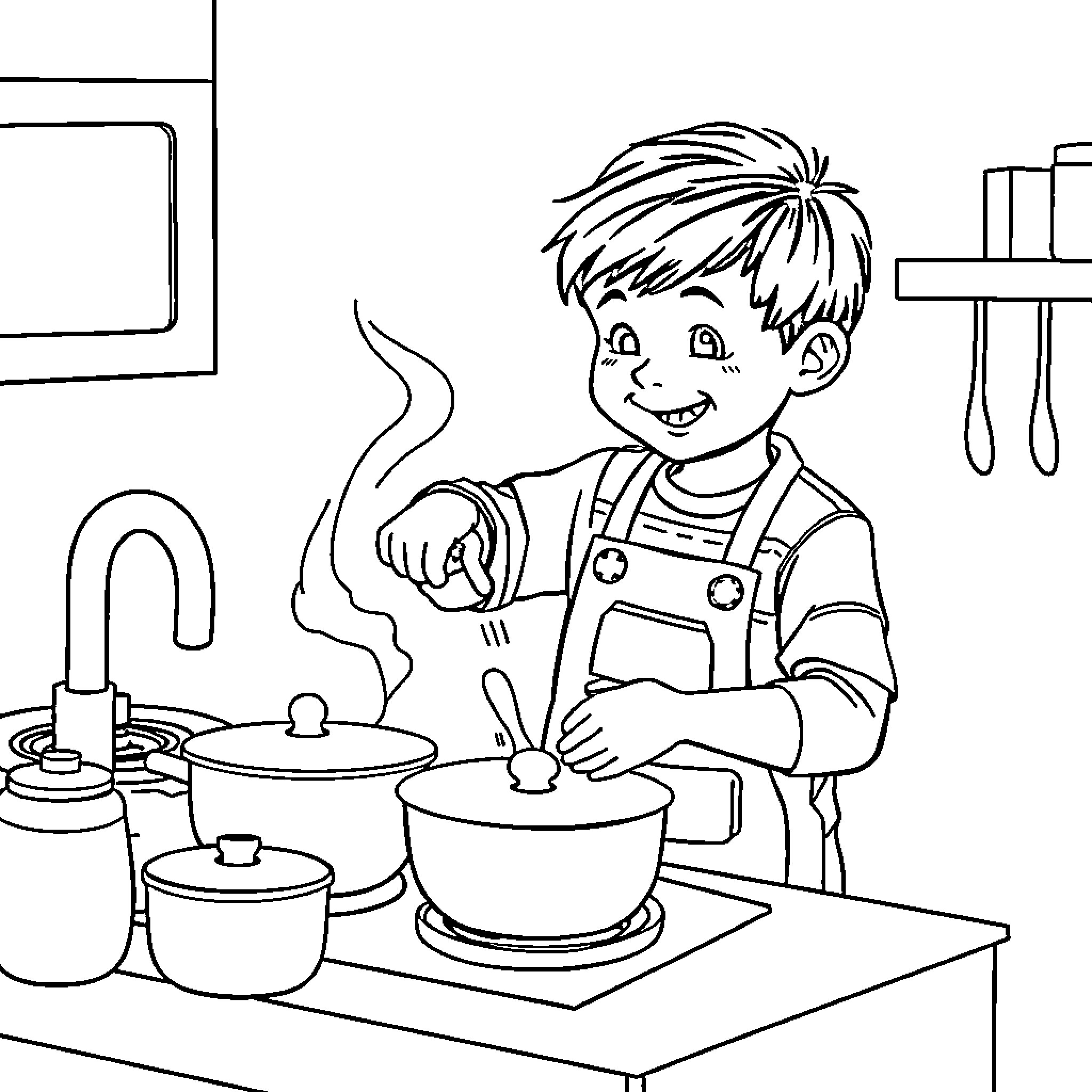 Boy happily cooking in the kitchen Coloring Page (free black-and-white line drawing printable PDF for all, from beginners to advanced learners, including children, teens, adults, and seniors)