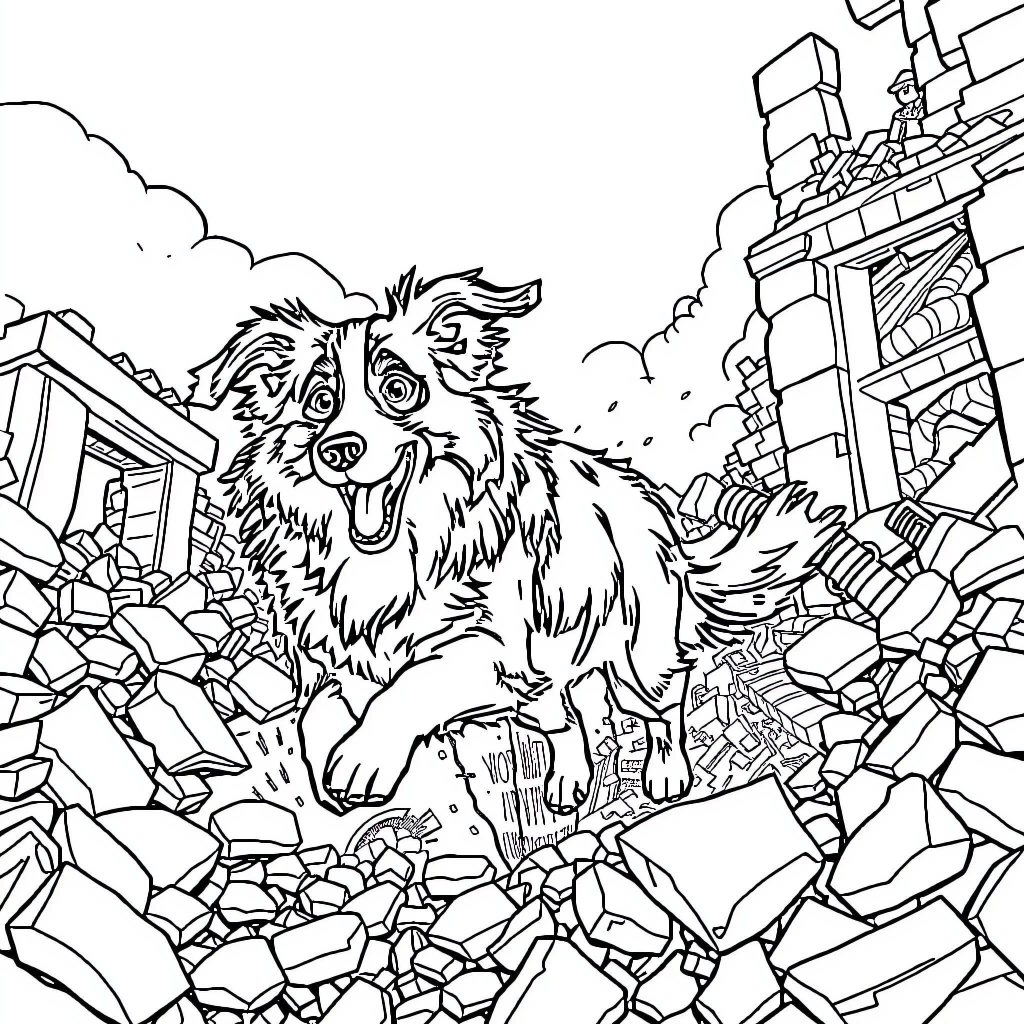 Border Collie Exploring Ruinous Landscape Coloring Page (free black-and-white line drawing printable PDF for all, from beginners to advanced learners, including children, teens, adults, and seniors)