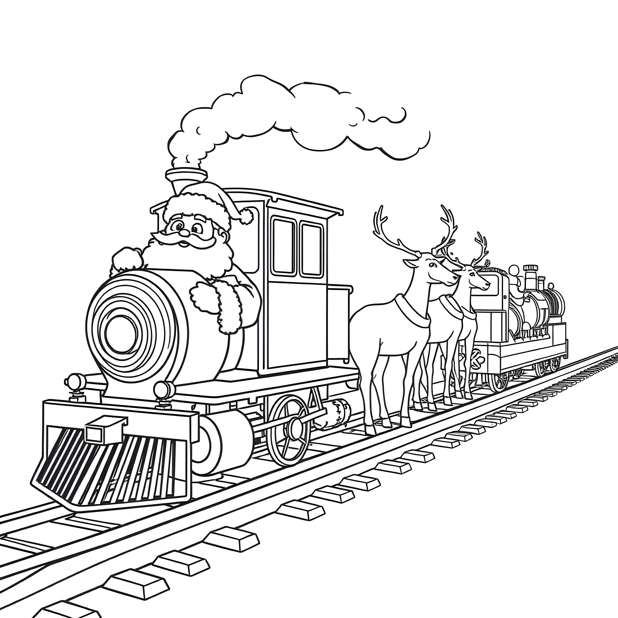 Train carrying Santa and his reindeer Coloring Page (free black-and-white line drawing printable PDF for all, from beginners to advanced learners, including children, teens, adults, and seniors)