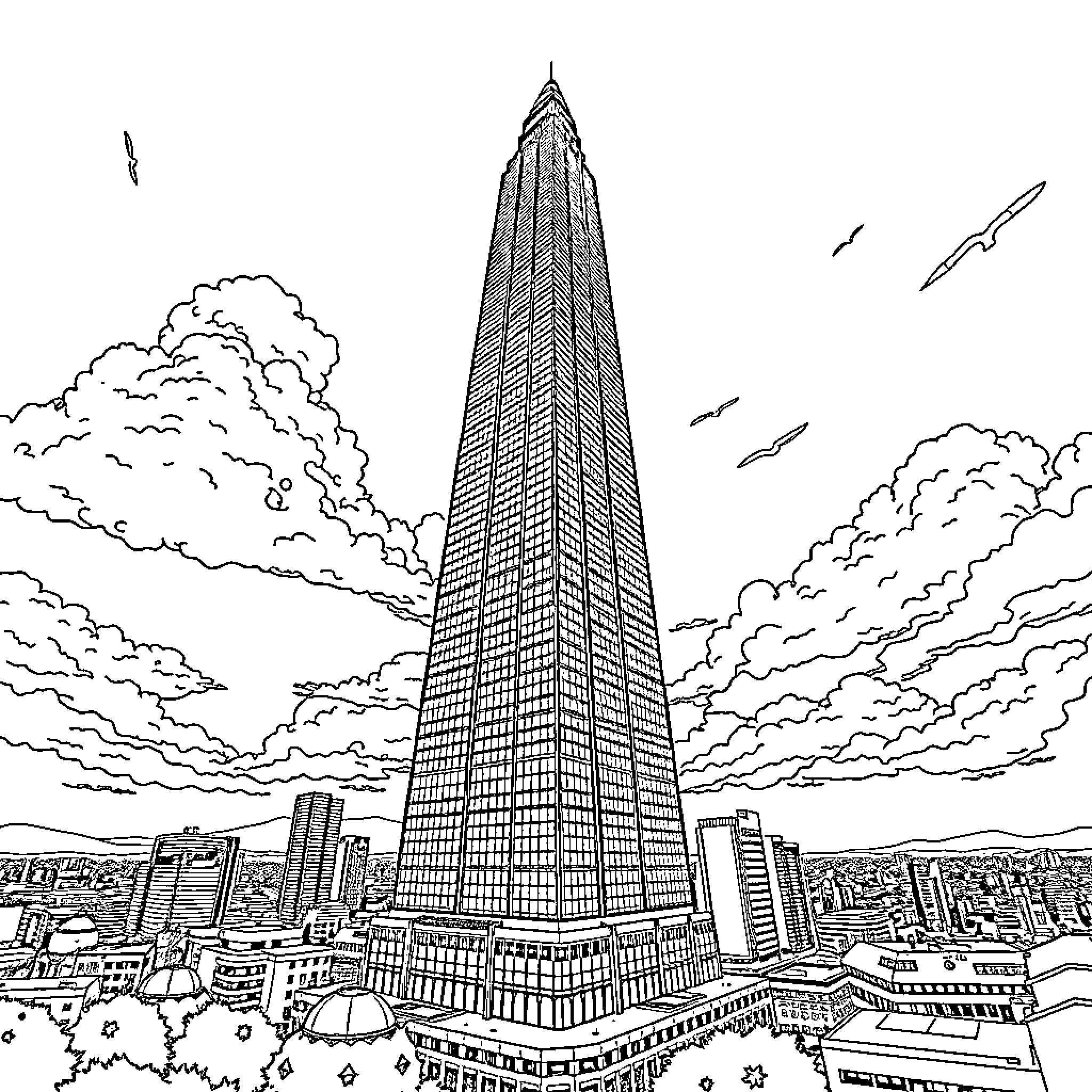 Torre Latinoamericana skyscraper against cloudy skyline Coloring Page (free black-and-white line drawing printable PDF for all, from beginners to advanced learners, including children, teens, adults, and seniors)