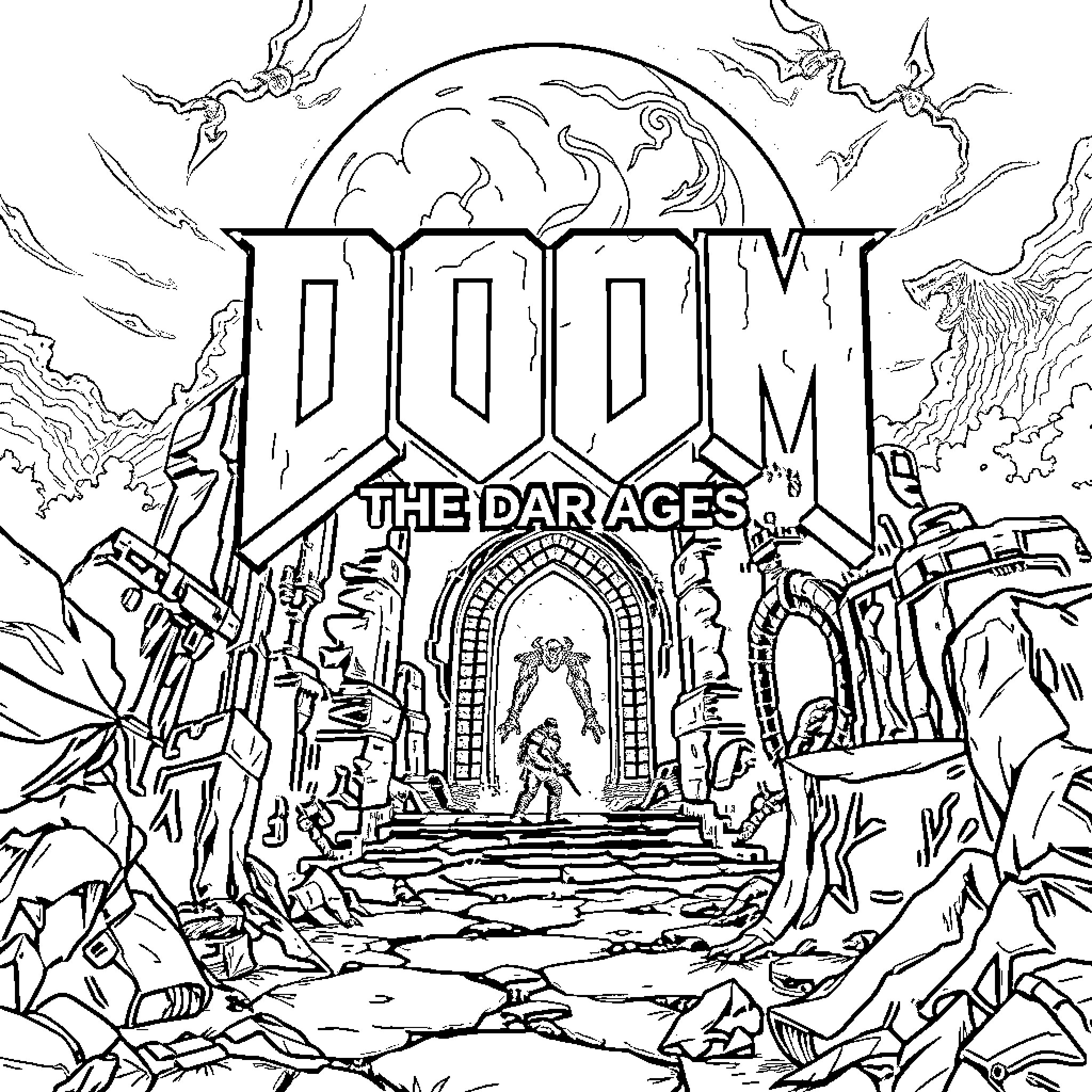Doom: The Dar Ages of Destruction Coloring Page (free black-and-white line drawing printable PDF for all, from beginners to advanced learners, including children, teens, adults, and seniors)
