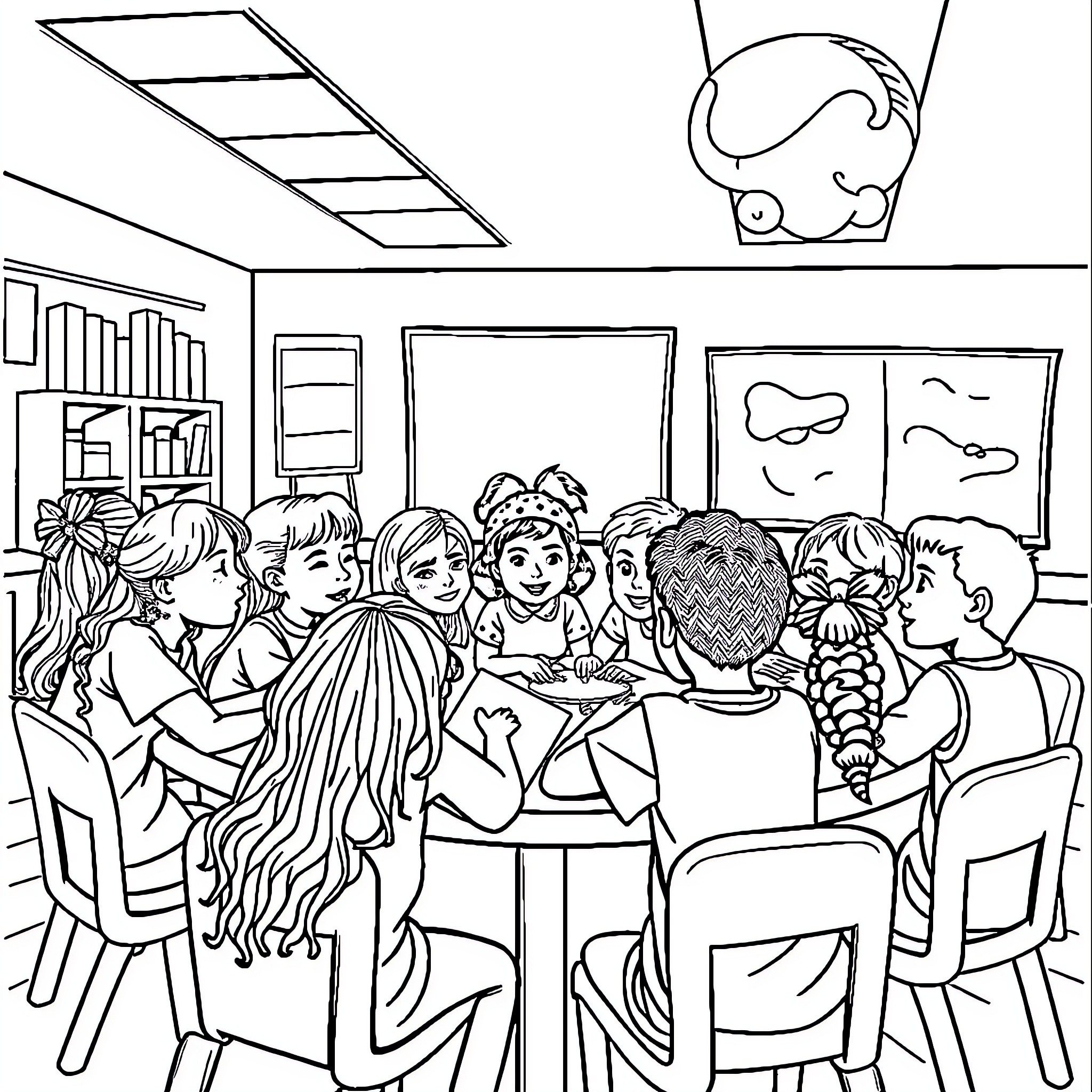 Education in the Classroom: Students Engaged in Learning Coloring Page (free black-and-white line drawing printable PDF for all, from beginners to advanced learners, including children, teens, adults, and seniors)
