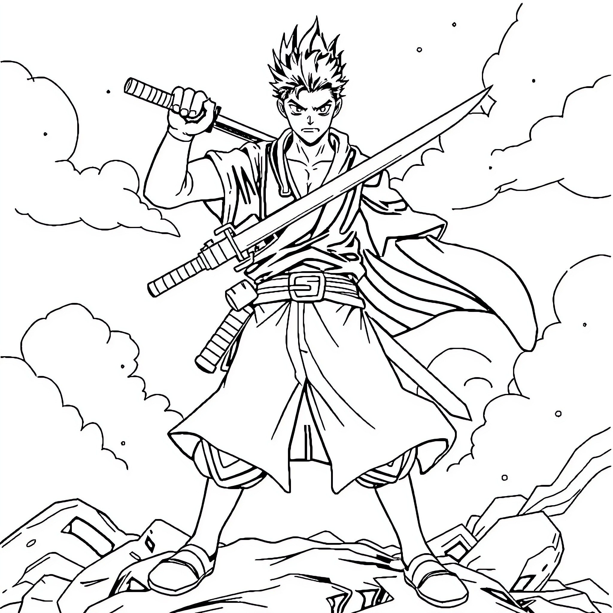 Zoro's Adventurous Samurai Stance Coloring Page (free black-and-white line drawing printable PDF for all, from beginners to advanced learners, including children, teens, adults, and seniors)