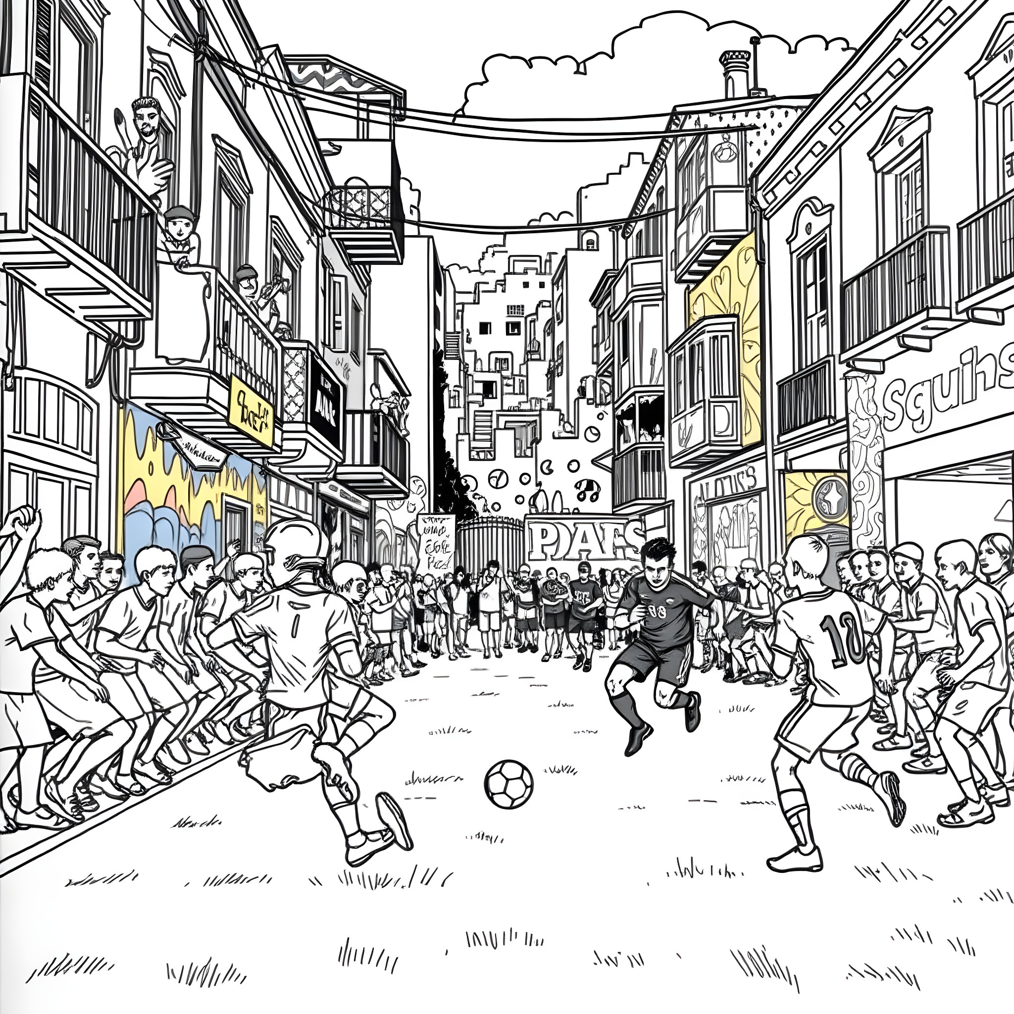 Soccer players competing in a crowded street match Coloring Page (free black-and-white line drawing printable PDF for all, from beginners to advanced learners, including children, teens, adults, and seniors)