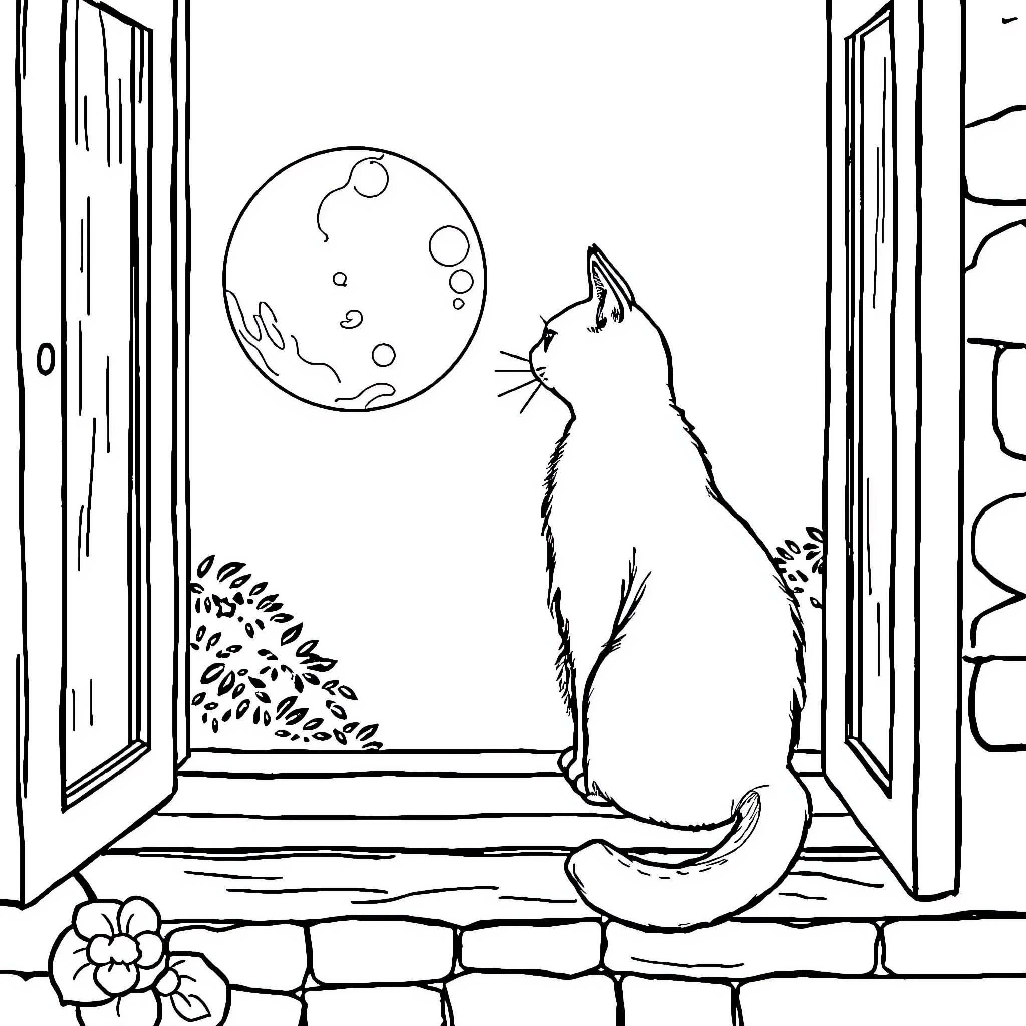 Cat gazing at the moon through the window Coloring Page (free black-and-white line drawing printable PDF for all, from beginners to advanced learners, including children, teens, adults, and seniors)