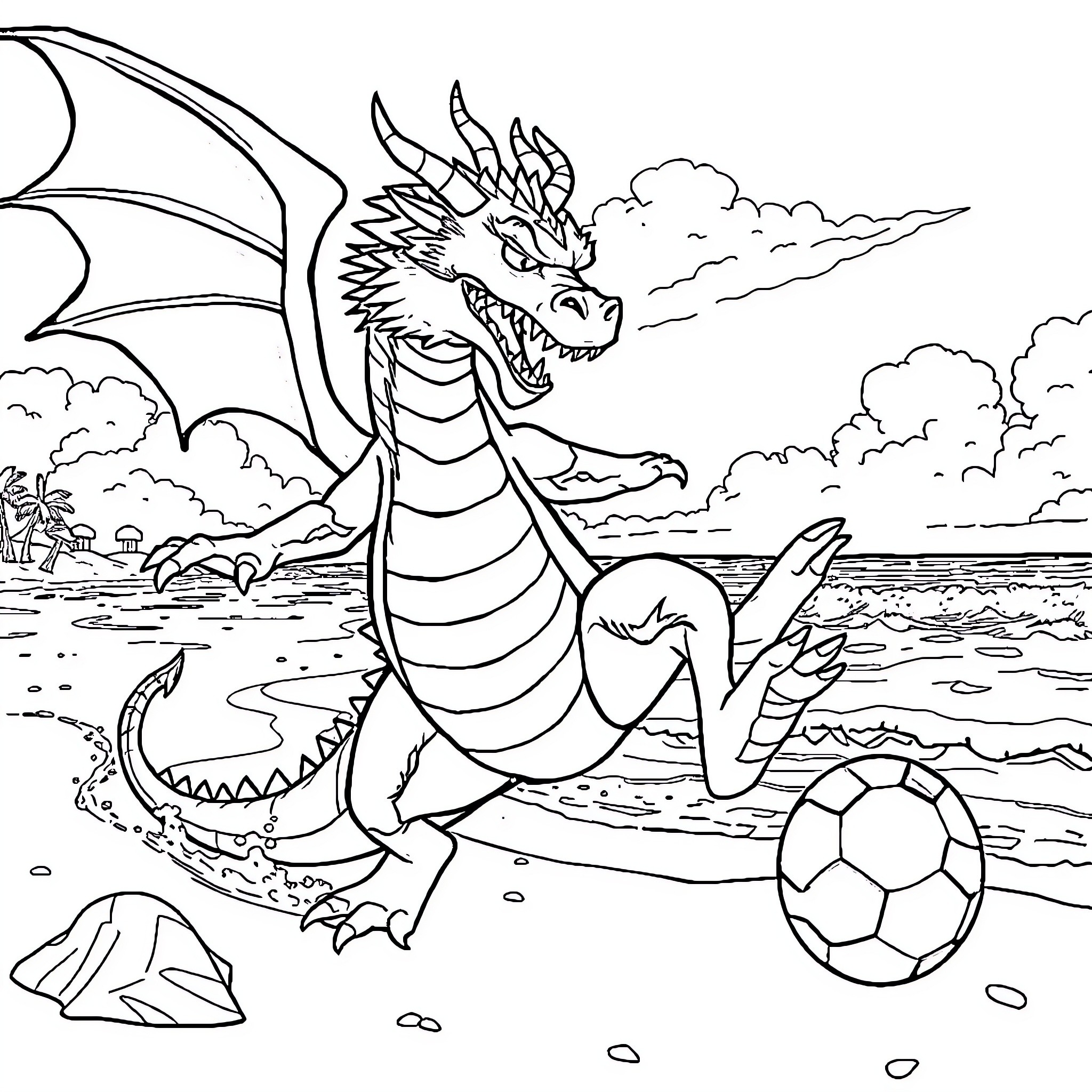Dragon Emerging from Waves with Soccer Ball Coloring Page (free black-and-white line drawing printable PDF for all, from beginners to advanced learners, including children, teens, adults, and seniors)