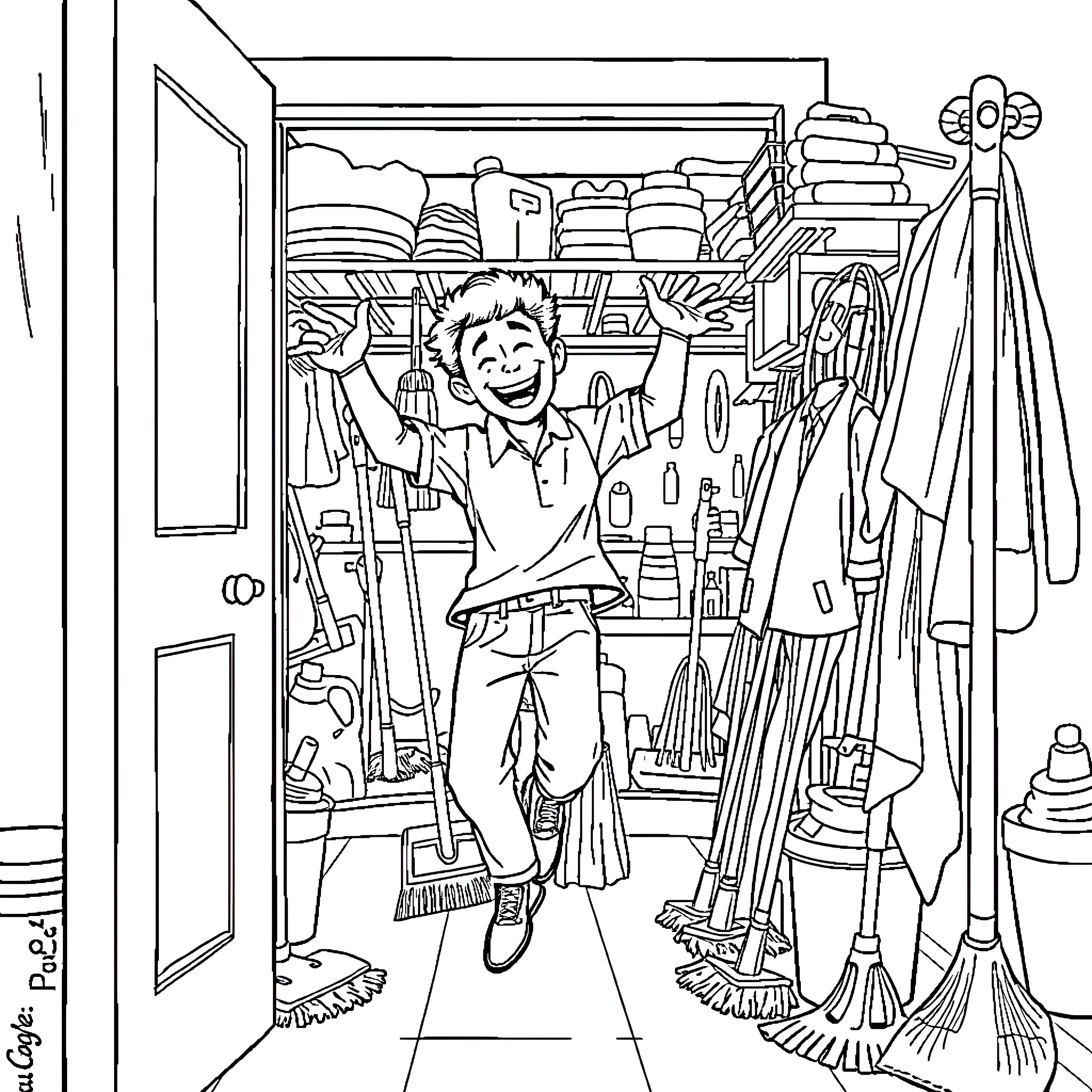 Levi Ackerman cleaning up the cluttered storage room Coloring Page (free black-and-white line drawing printable PDF for all, from beginners to advanced learners, including children, teens, adults, and seniors)