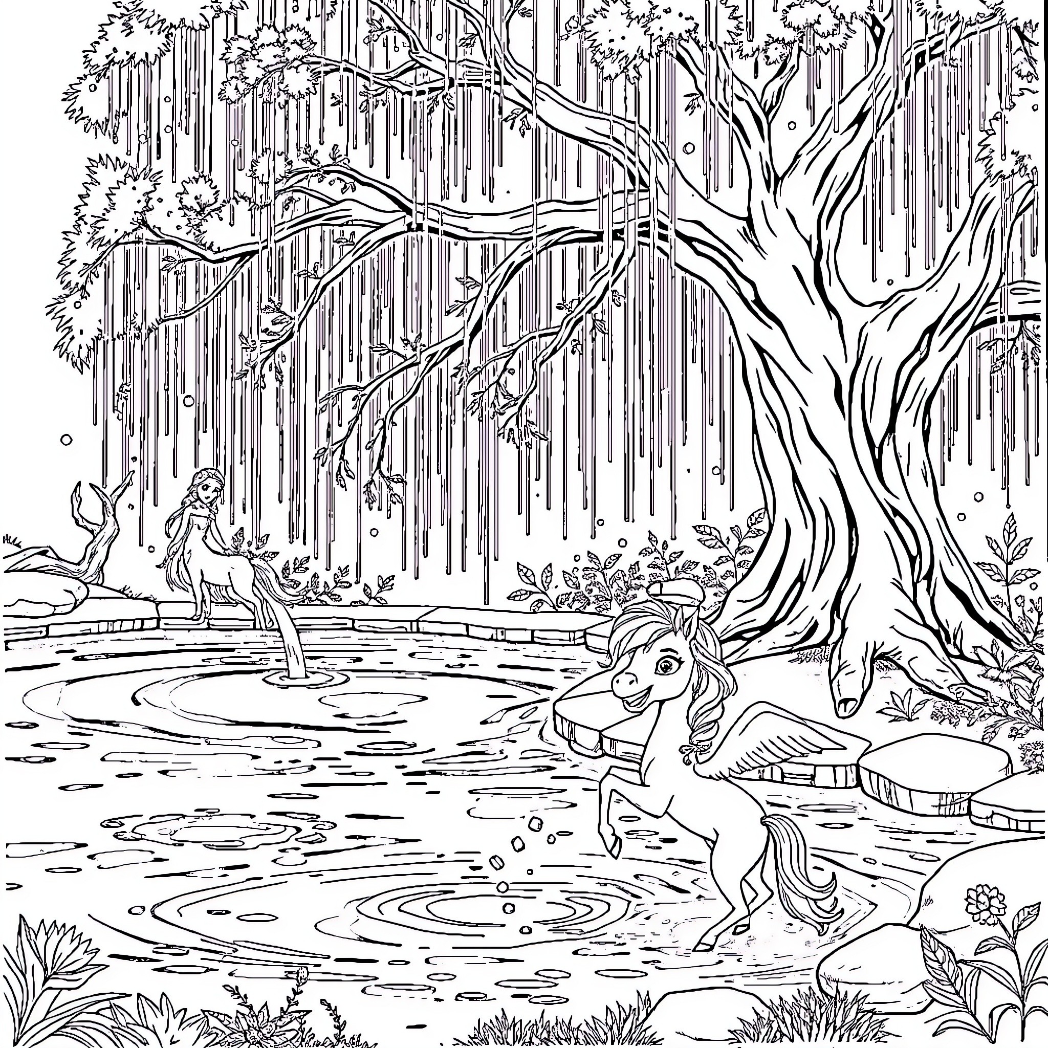 Pool of Fantasy Creatures in Enchanted Forest Coloring Page (free black-and-white line drawing printable PDF for all, from beginners to advanced learners, including children, teens, adults, and seniors)