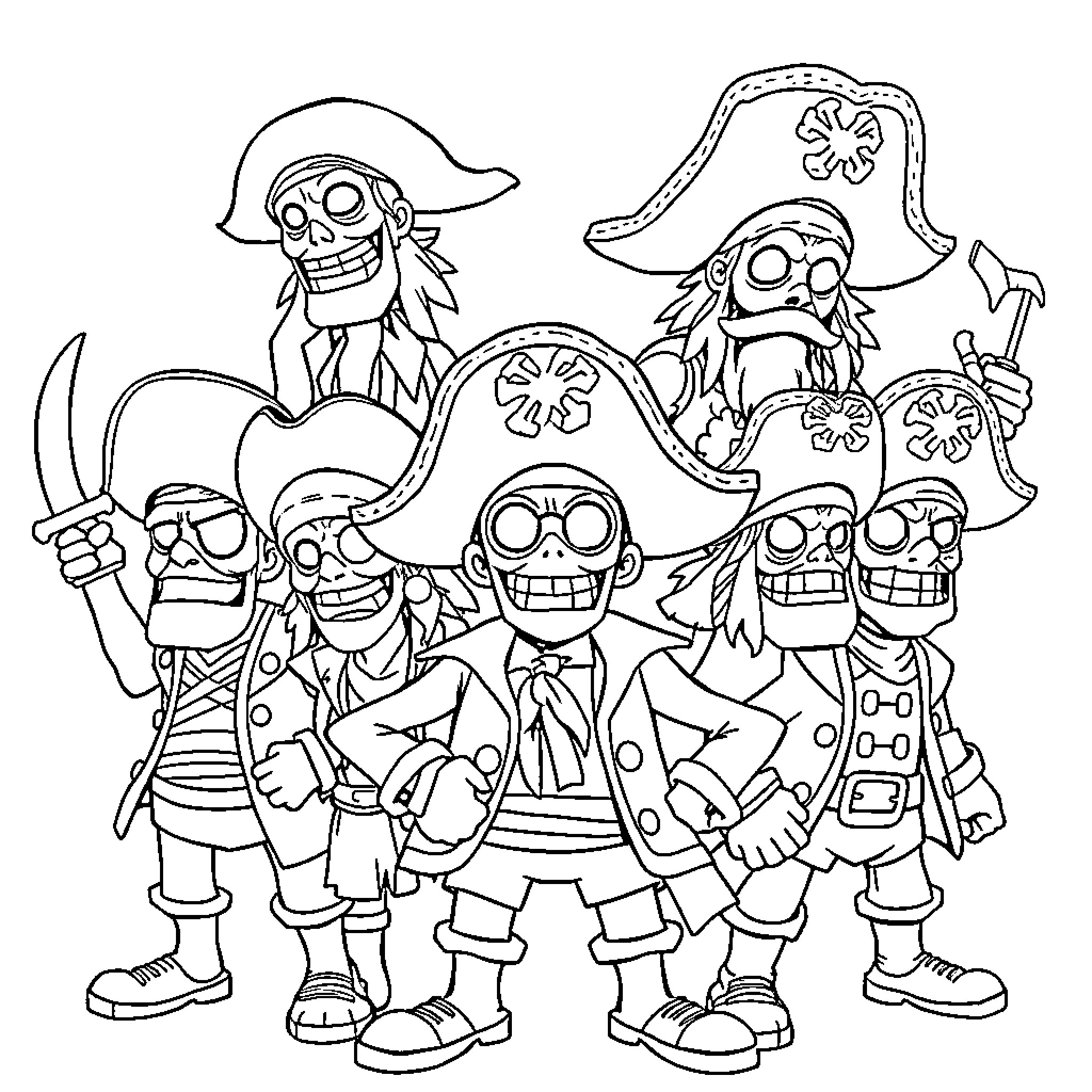 Jolly Roger pirate crew posing with weapons and smiles Coloring Page (free black-and-white line drawing printable PDF for all, from beginners to advanced learners, including children, teens, adults, and seniors)