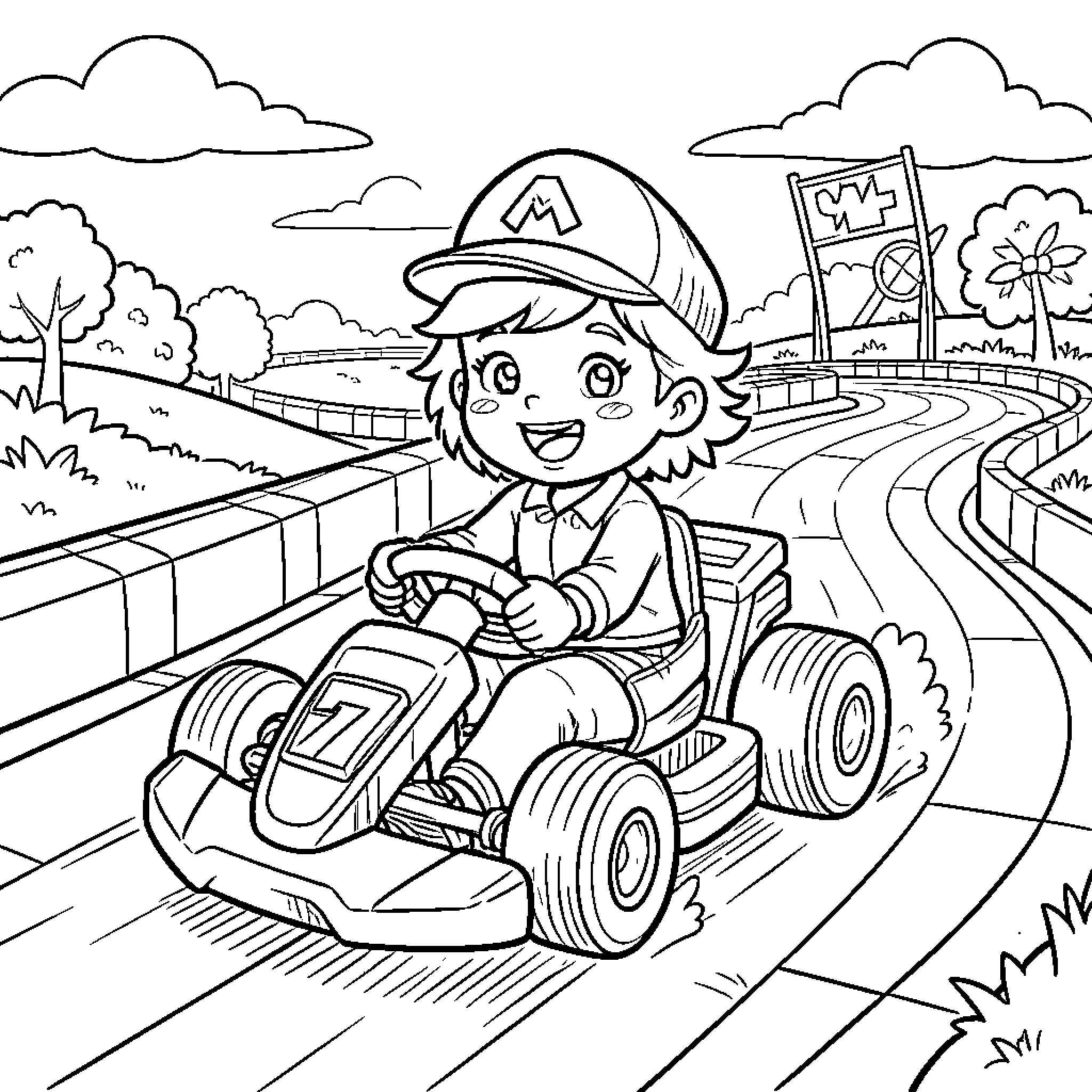 Baby Girl Racing on a Go-Kart in the Park Coloring Page (free black-and-white line drawing printable PDF for all, from beginners to advanced learners, including children, teens, adults, and seniors)