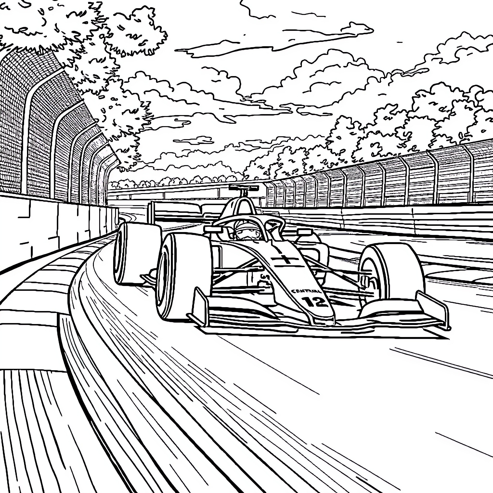 Formula One Car Racing on Circuit Track Coloring Page (free black-and-white line drawing printable PDF for all, from beginners to advanced learners, including children, teens, adults, and seniors)