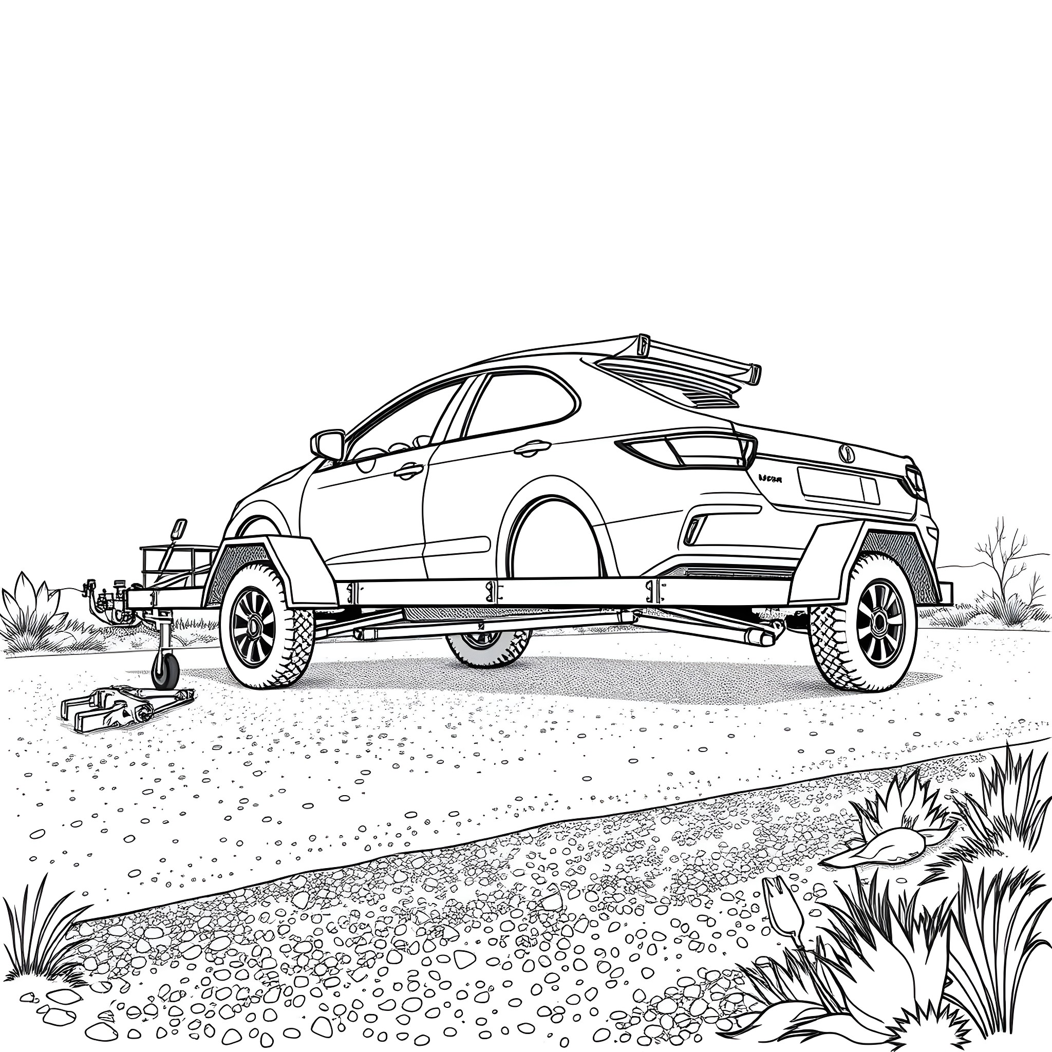 Trailer of an off-road vehicle in the wilderness Coloring Page (free black-and-white line drawing printable PDF for all, from beginners to advanced learners, including children, teens, adults, and seniors)