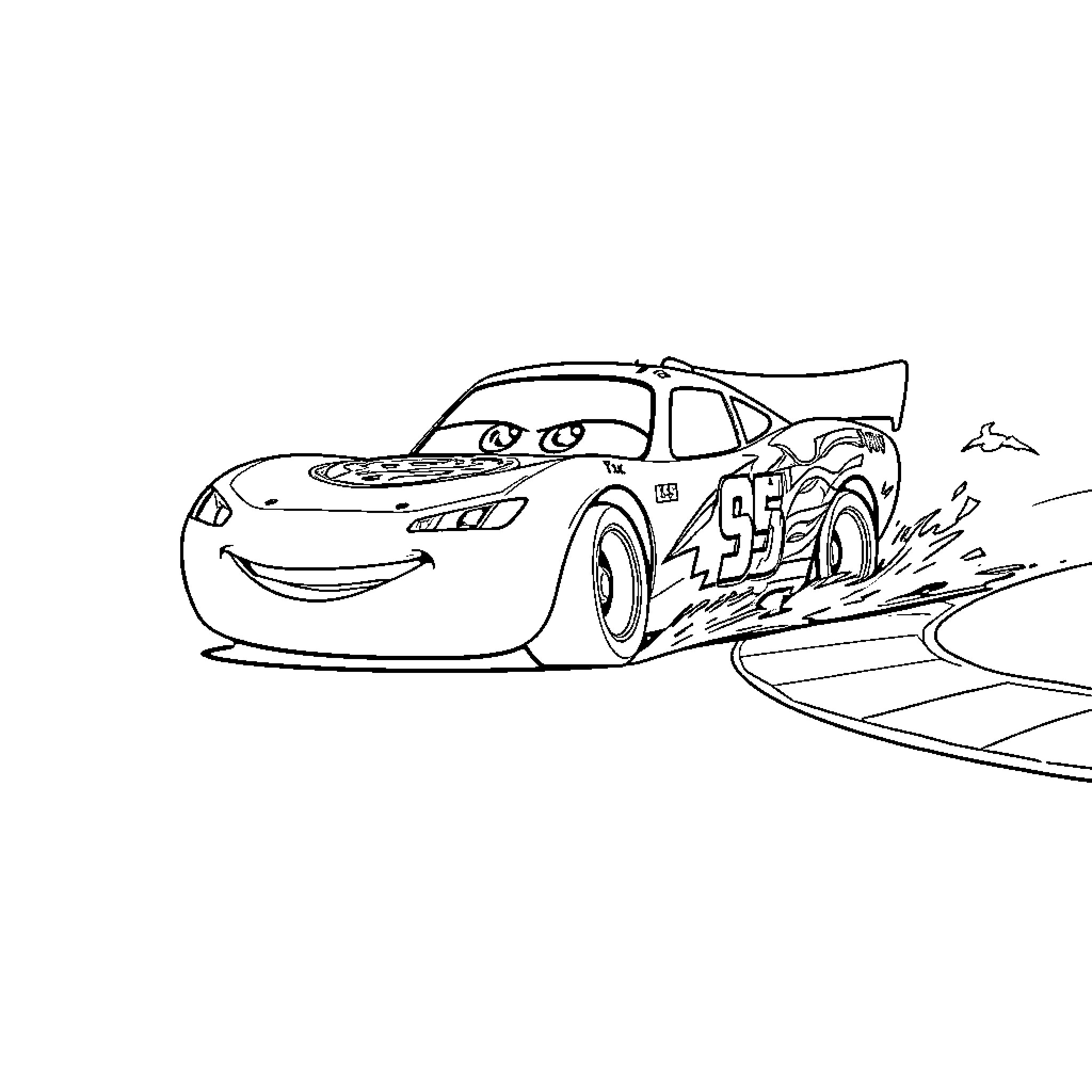 Flash Mac Queen racing on the track Coloring Page (free black-and-white line drawing printable PDF for all, from beginners to advanced learners, including children, teens, adults, and seniors)