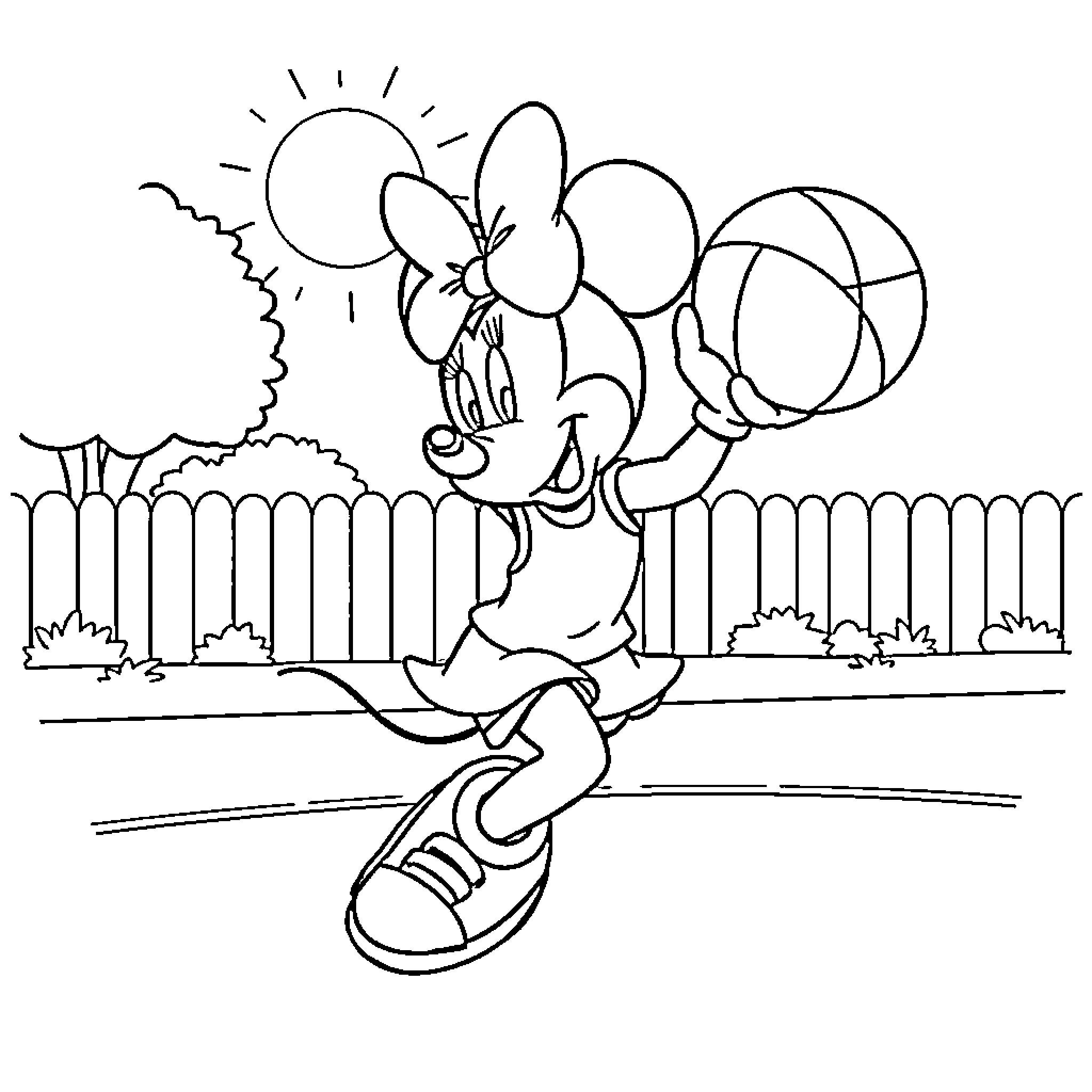 Minnie Mouse playing with balloons in the park Coloring Page (free black-and-white line drawing printable PDF for all, from beginners to advanced learners, including children, teens, adults, and seniors)