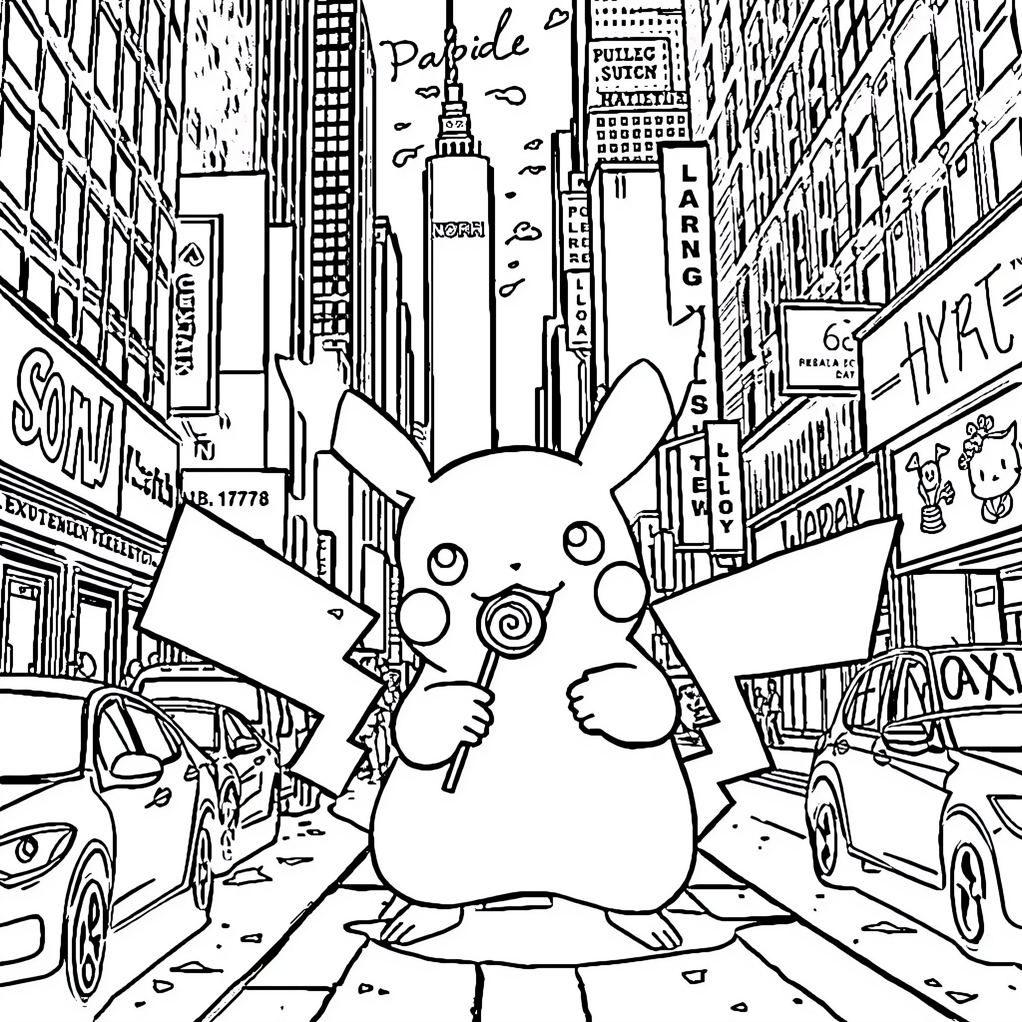 Pikachu exploring the bustling city streets Coloring Page (free black-and-white line drawing printable PDF for all, from beginners to advanced learners, including children, teens, adults, and seniors)