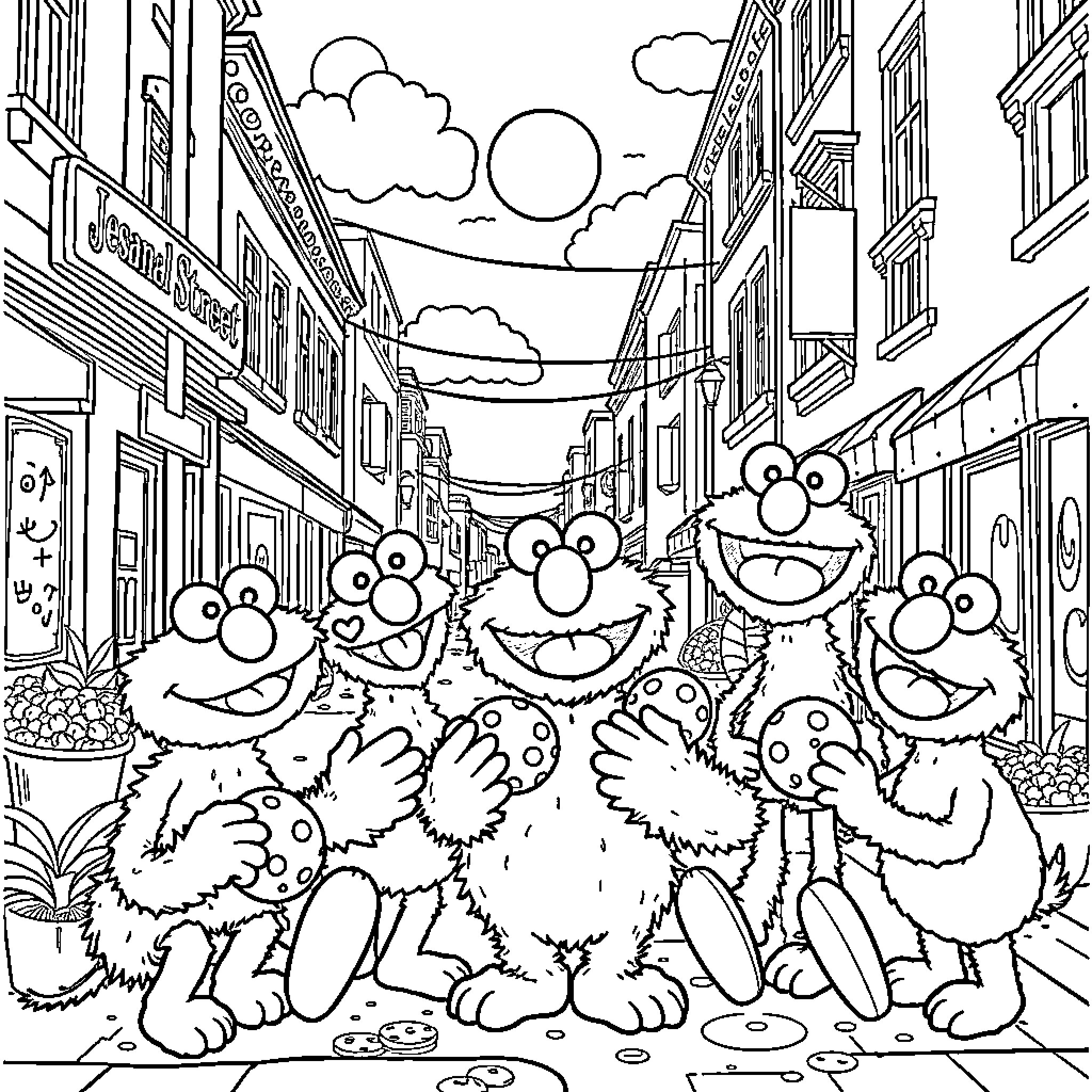 Sesame Street Characters Exploring the City Streets Coloring Page (free black-and-white line drawing printable PDF for all, from beginners to advanced learners, including children, teens, adults, and seniors)