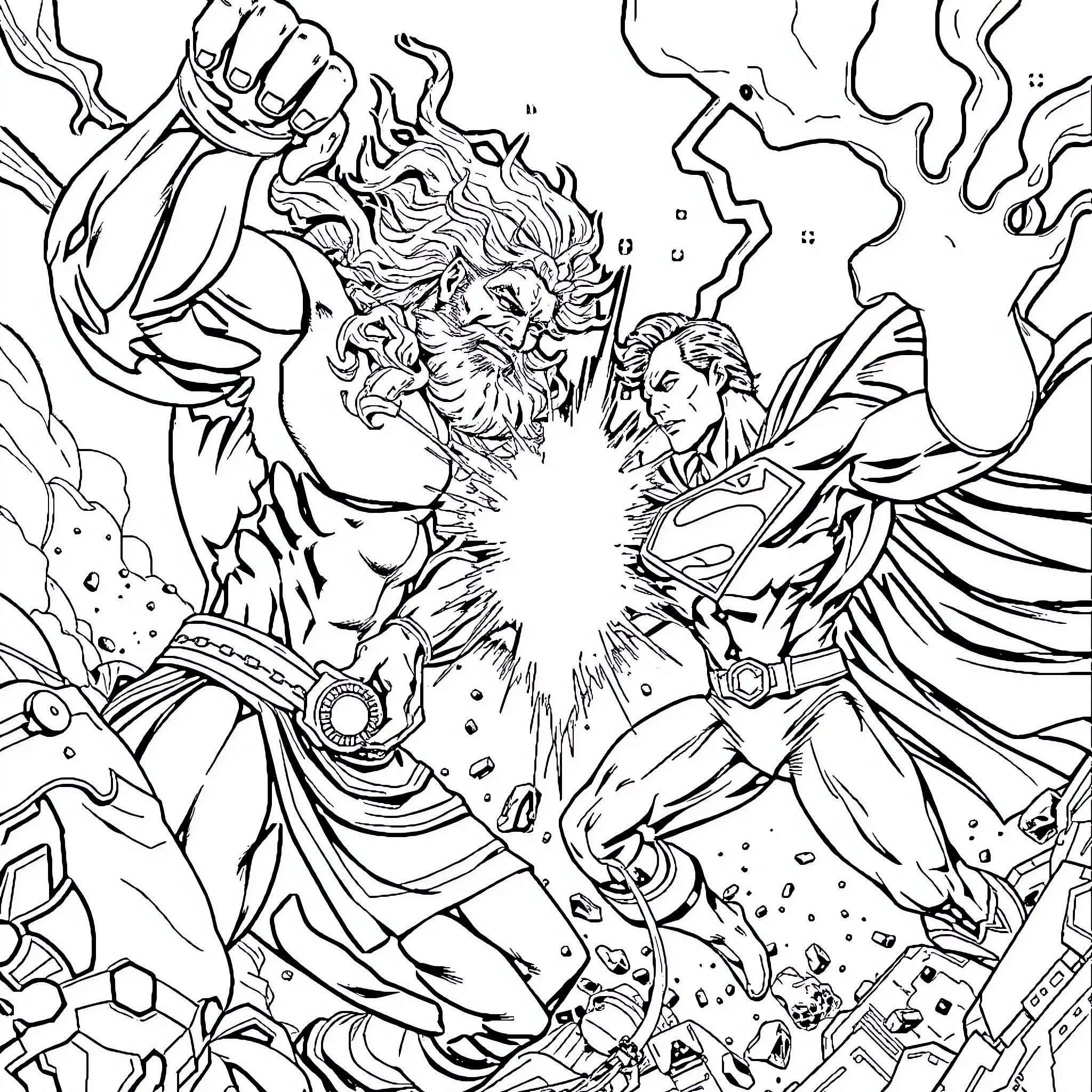 Zeus battling heroically with powerful foes Coloring Page (free black-and-white line drawing printable PDF for all, from beginners to advanced learners, including children, teens, adults, and seniors)