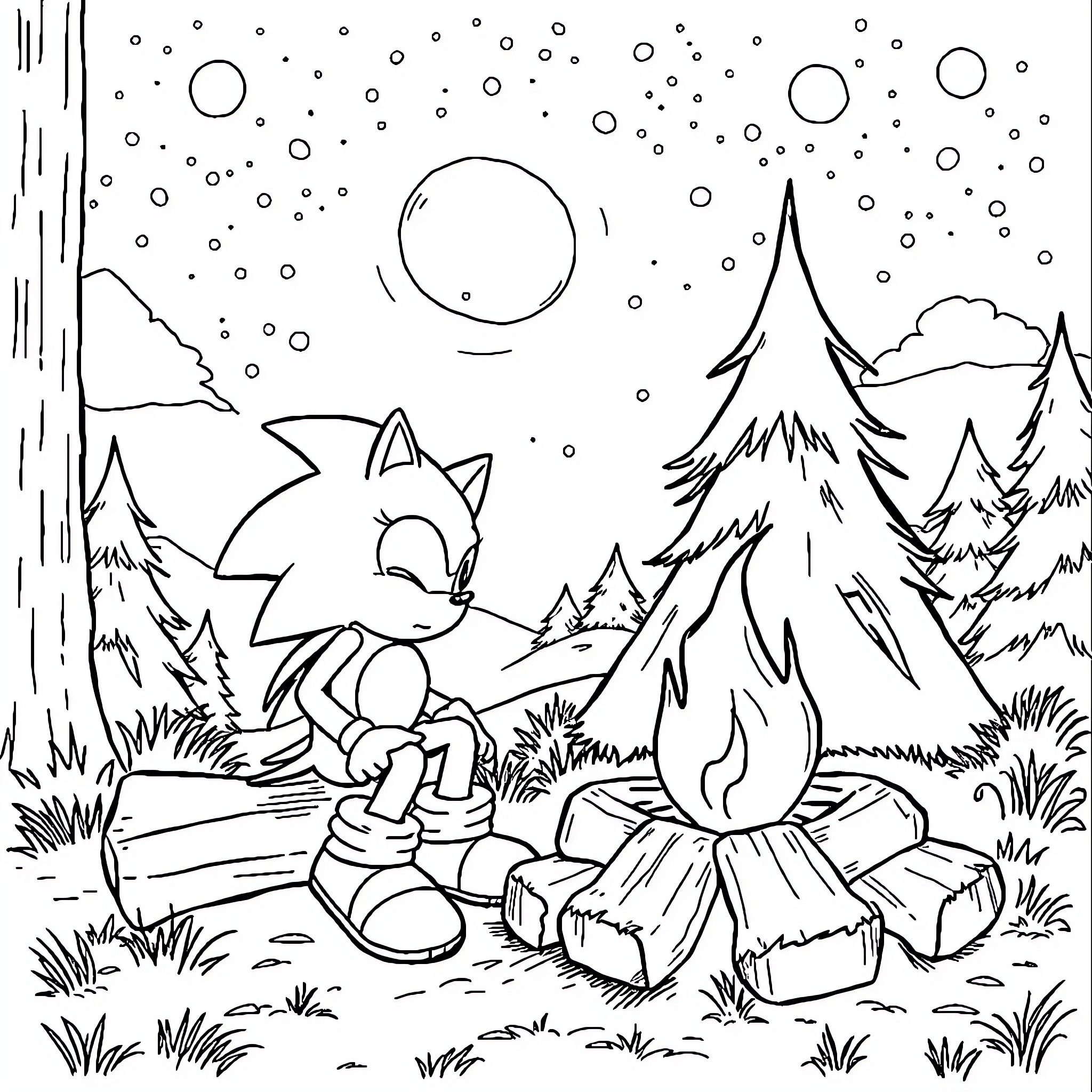 Sonic exploring a snowy forest scene Coloring Page (free black-and-white line drawing printable PDF for all, from beginners to advanced learners, including children, teens, adults, and seniors)