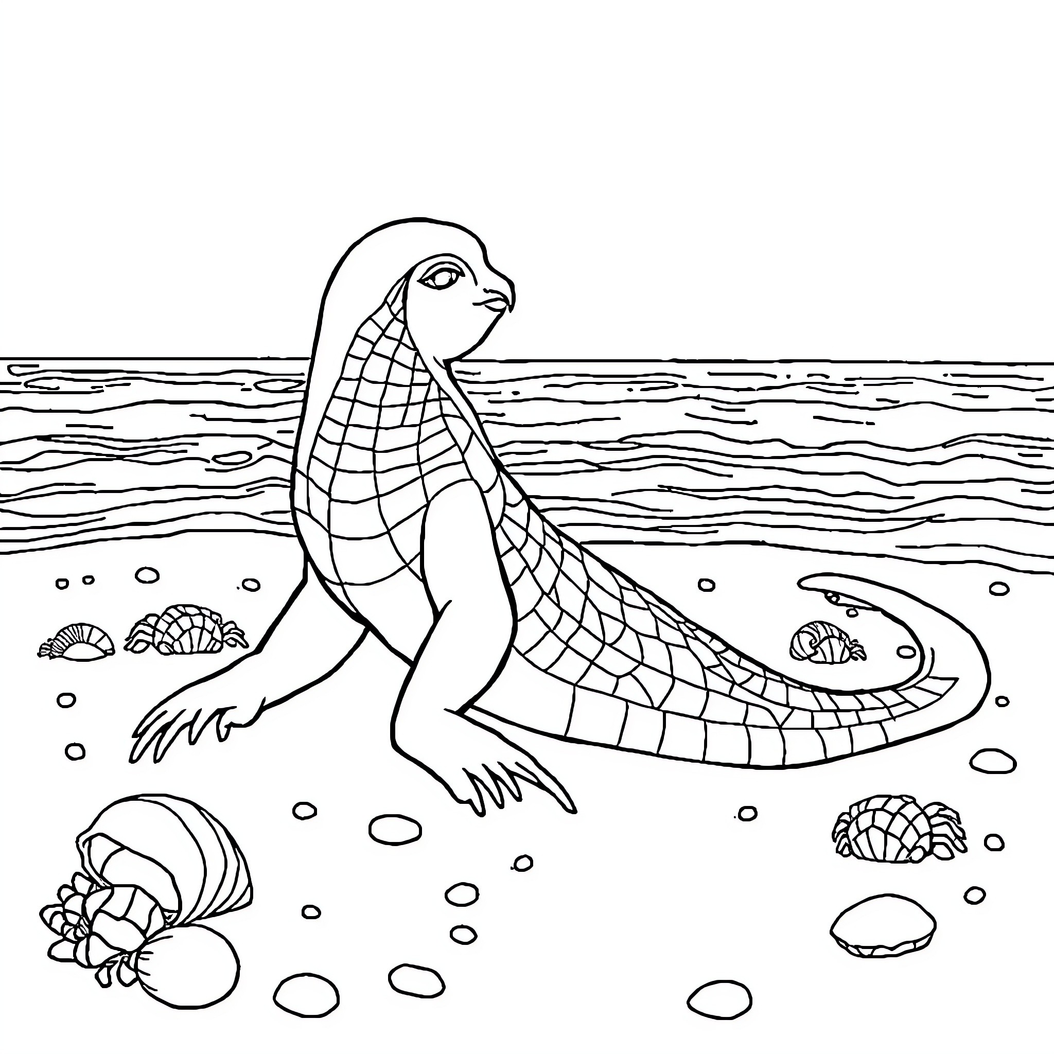 Mermaid swimming in the ocean with seashells Coloring Page (free black-and-white line drawing printable PDF for all, from beginners to advanced learners, including children, teens, adults, and seniors)
