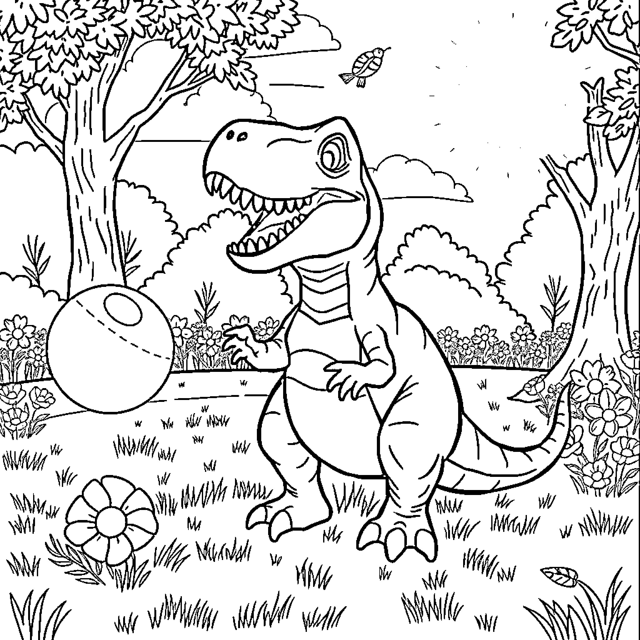 T-Rex playing with a ball in the forest Coloring Page (free black-and-white line drawing printable PDF for all, from beginners to advanced learners, including children, teens, adults, and seniors)