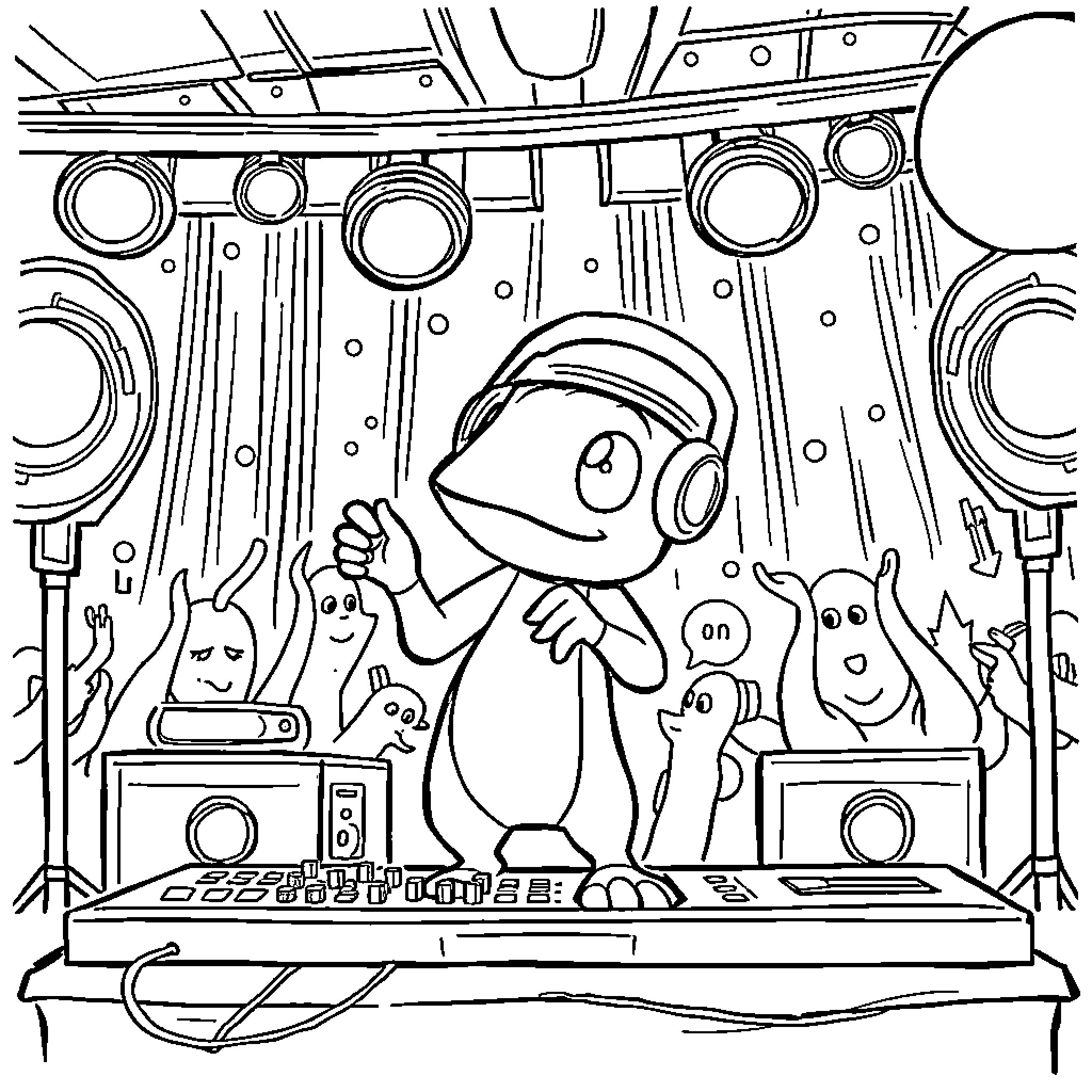 Gizmo performing on stage with musical instruments Coloring Page (free black-and-white line drawing printable PDF for all, from beginners to advanced learners, including children, teens, adults, and seniors)