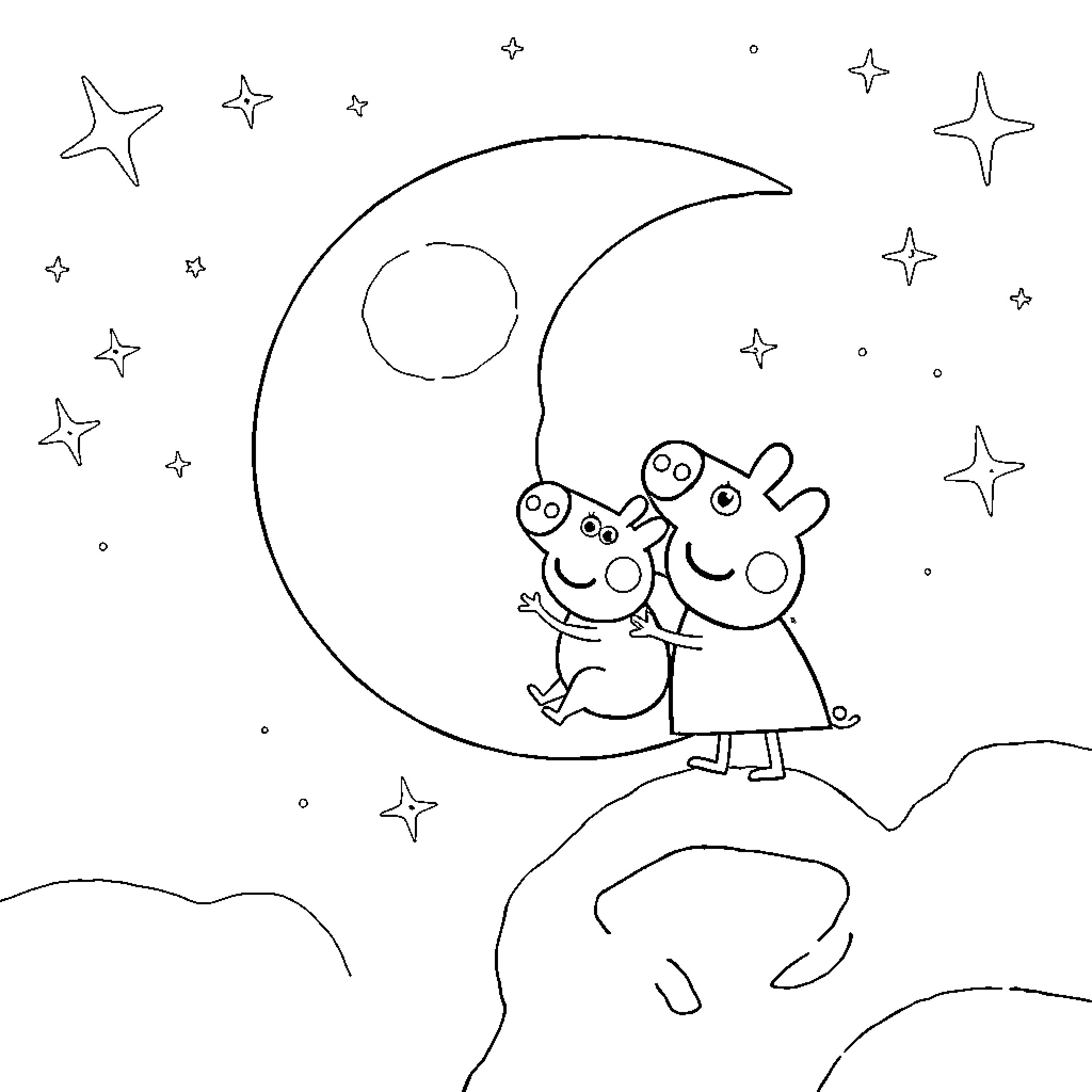 Peppa Pig enjoying a starry night with friends Coloring Page (free black-and-white line drawing printable PDF for all, from beginners to advanced learners, including children, teens, adults, and seniors)