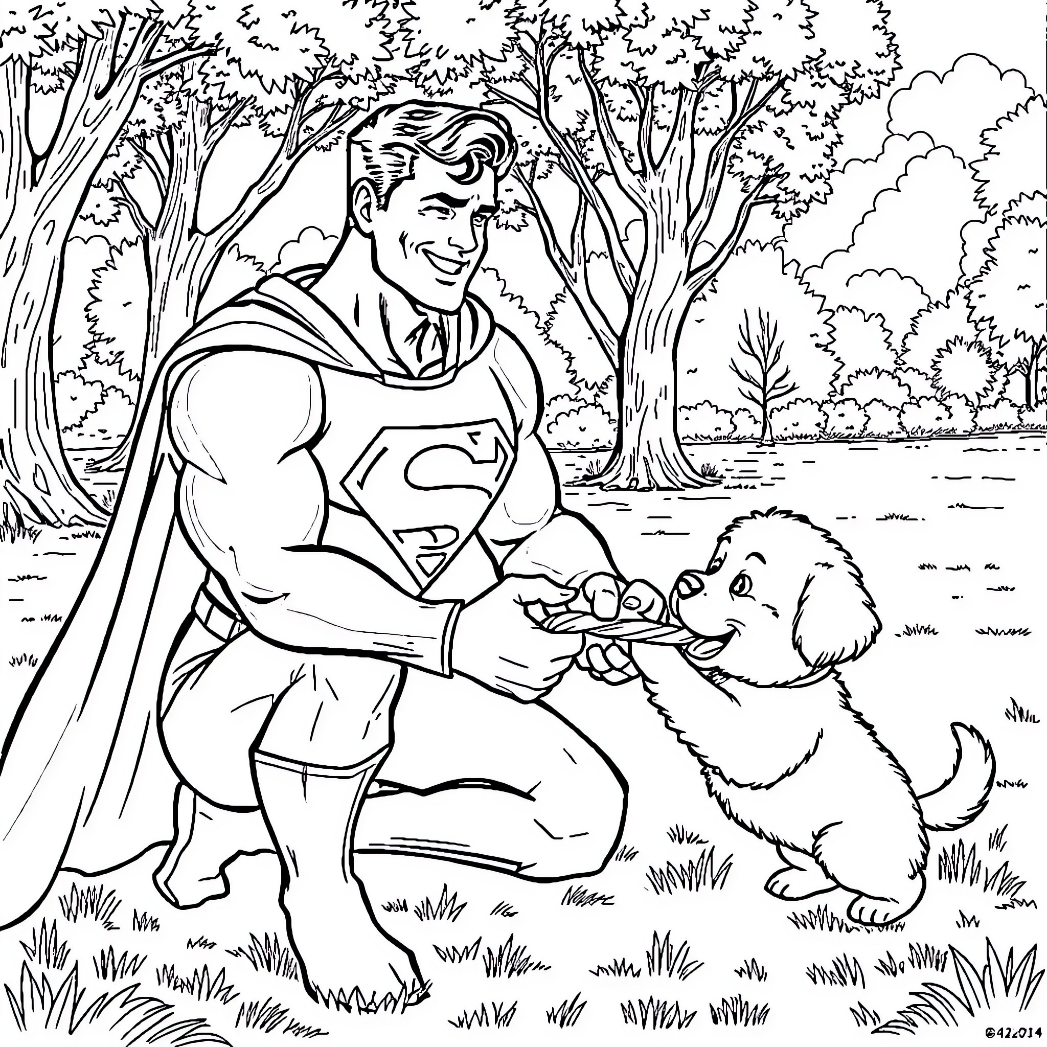 Superman playing with a puppy in the forest Coloring Page (free black-and-white line drawing printable PDF for all, from beginners to advanced learners, including children, teens, adults, and seniors)