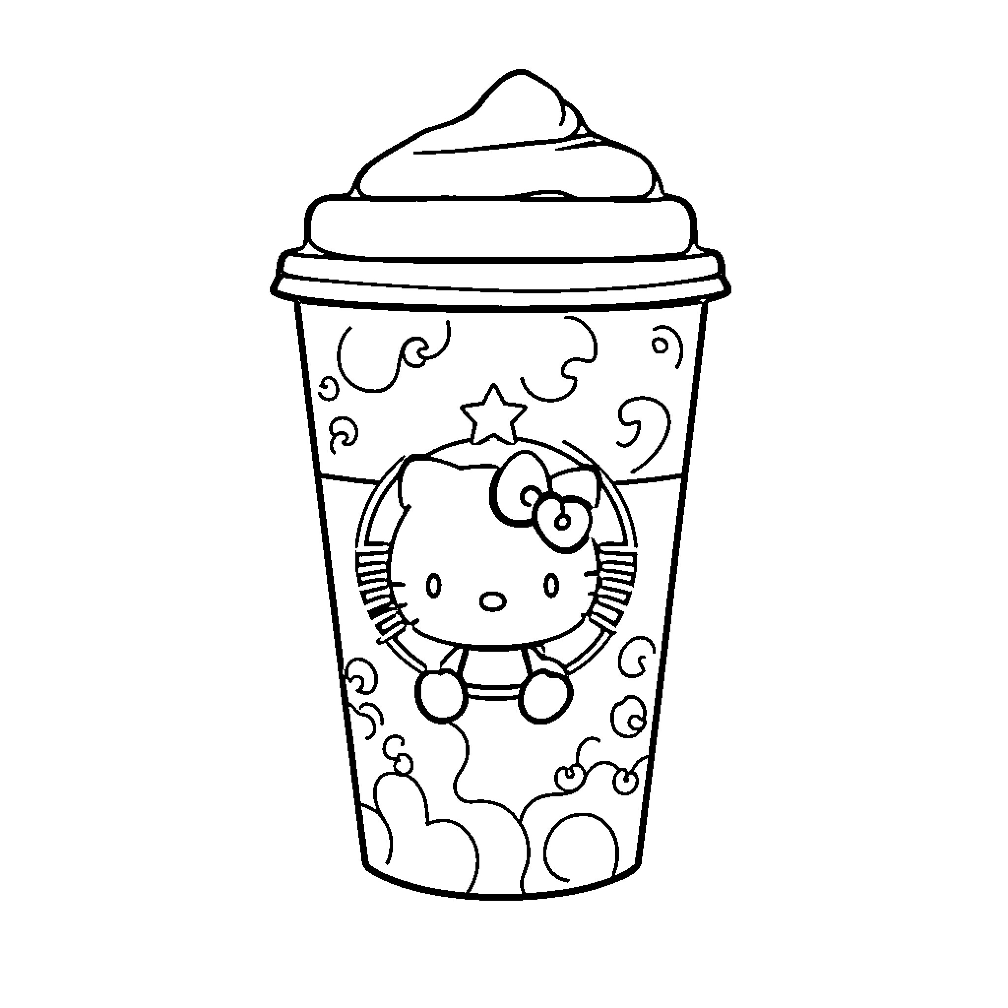 Hello Kitty in a Whimsical Beverage Coloring Page (free black-and-white line drawing printable PDF for all, from beginners to advanced learners, including children, teens, adults, and seniors)
