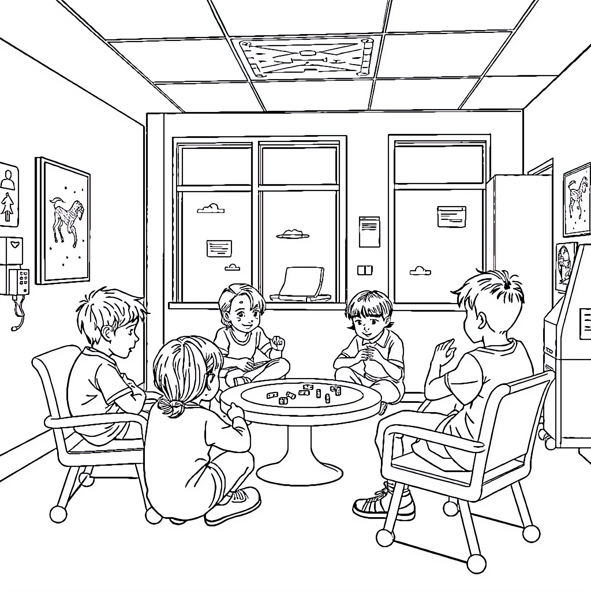 Kid group playing board game in classroom Coloring Page (free black-and-white line drawing printable PDF for all, from beginners to advanced learners, including children, teens, adults, and seniors)