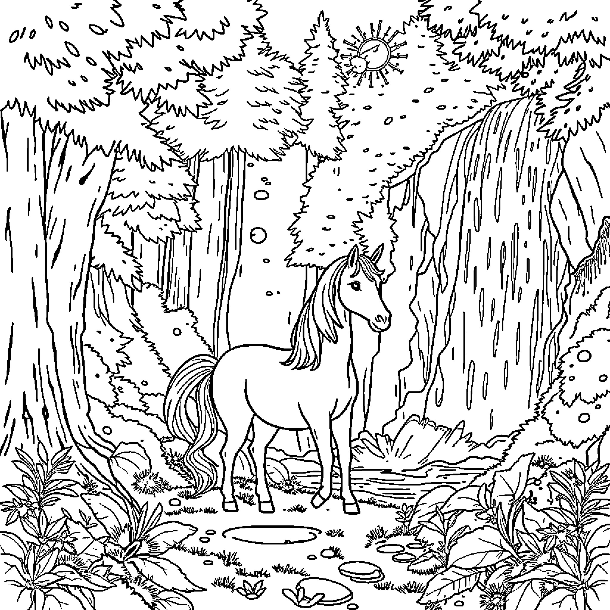 Unicorn in a Magical Forest Clearing Coloring Page (free black-and-white line drawing printable PDF for all, from beginners to advanced learners, including children, teens, adults, and seniors)