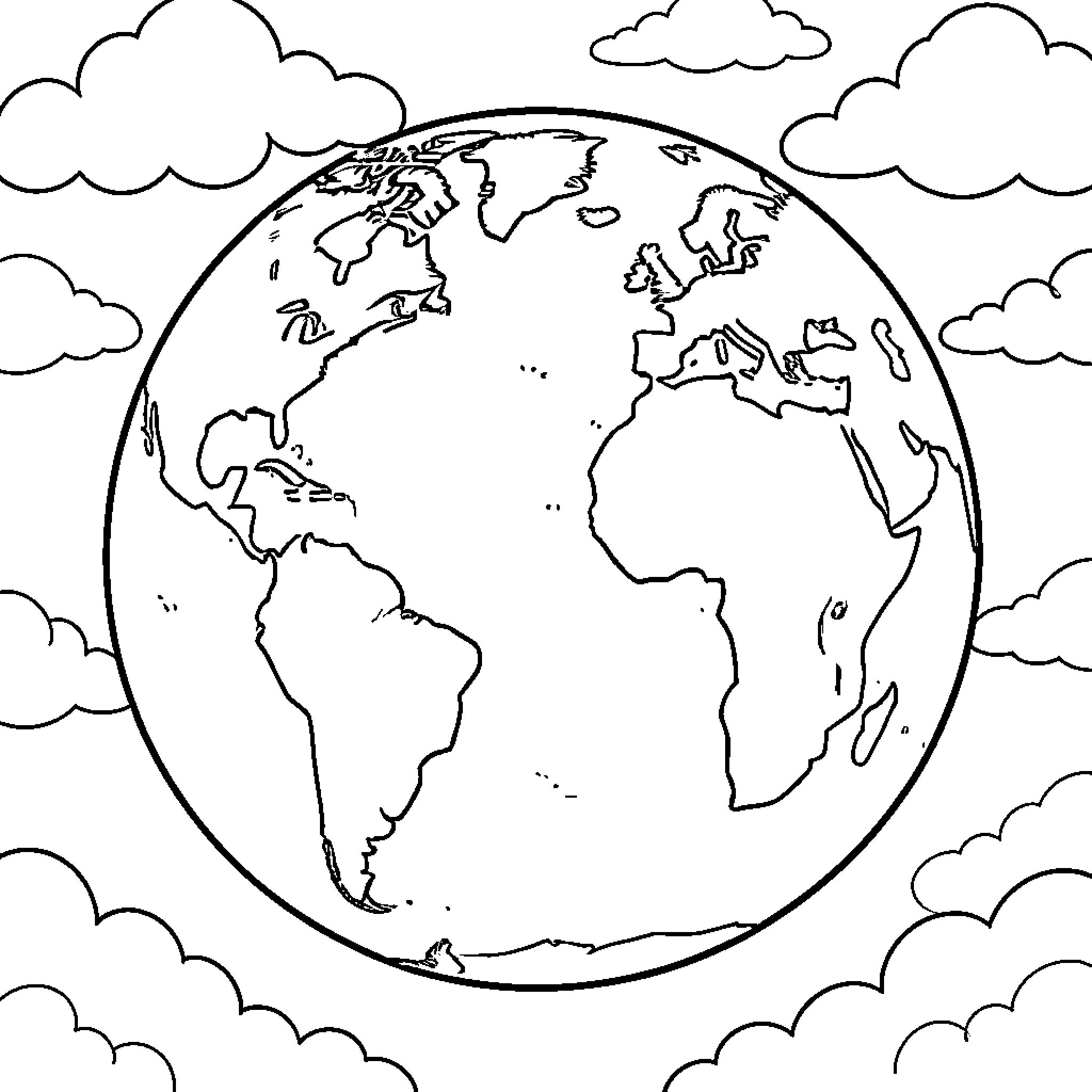 Earth spinning amidst fluffy clouds in the sky Coloring Page (free black-and-white line drawing printable PDF for all, from beginners to advanced learners, including children, teens, adults, and seniors)