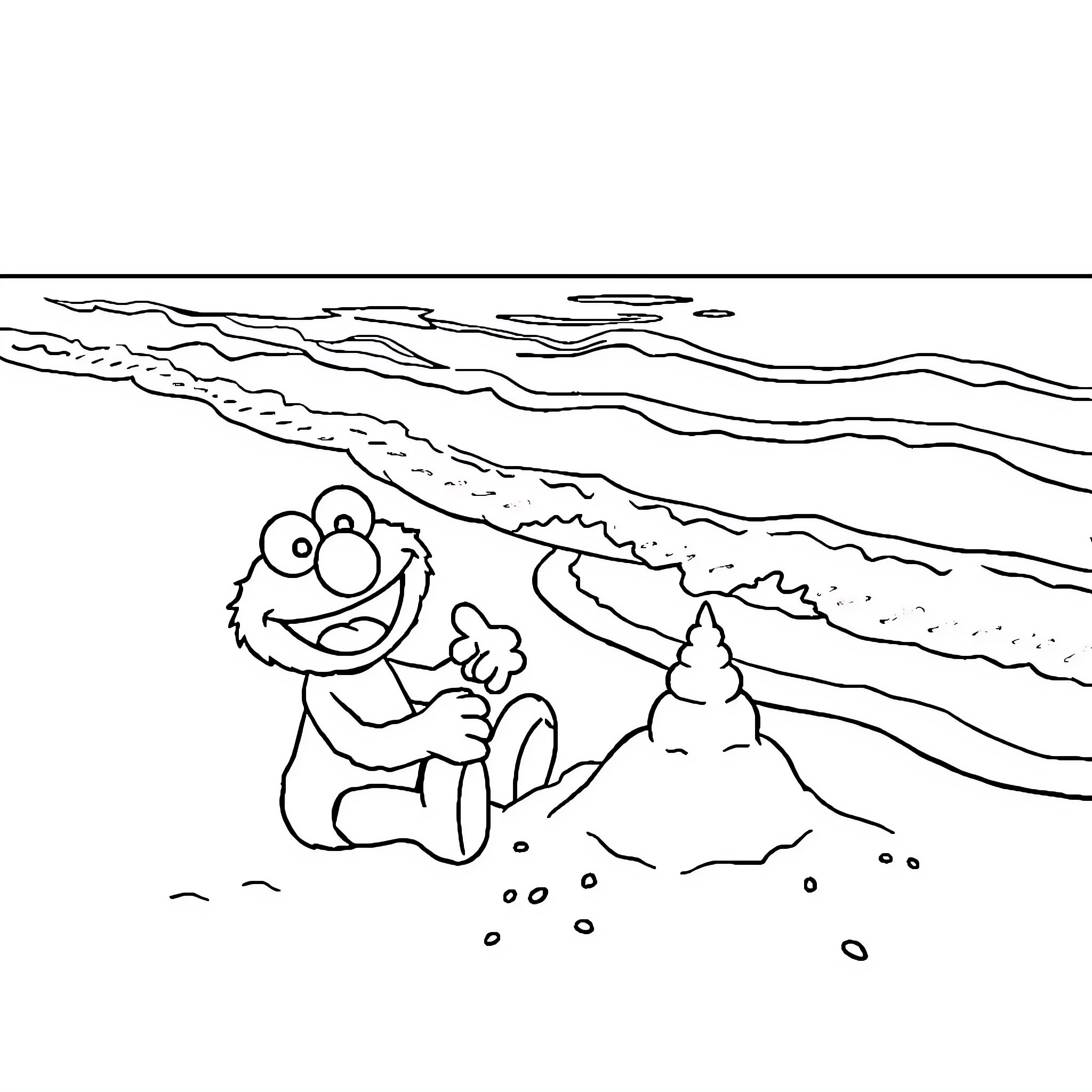 Elmo playing happily on the beach Coloring Page (free black-and-white line drawing printable PDF for all, from beginners to advanced learners, including children, teens, adults, and seniors)