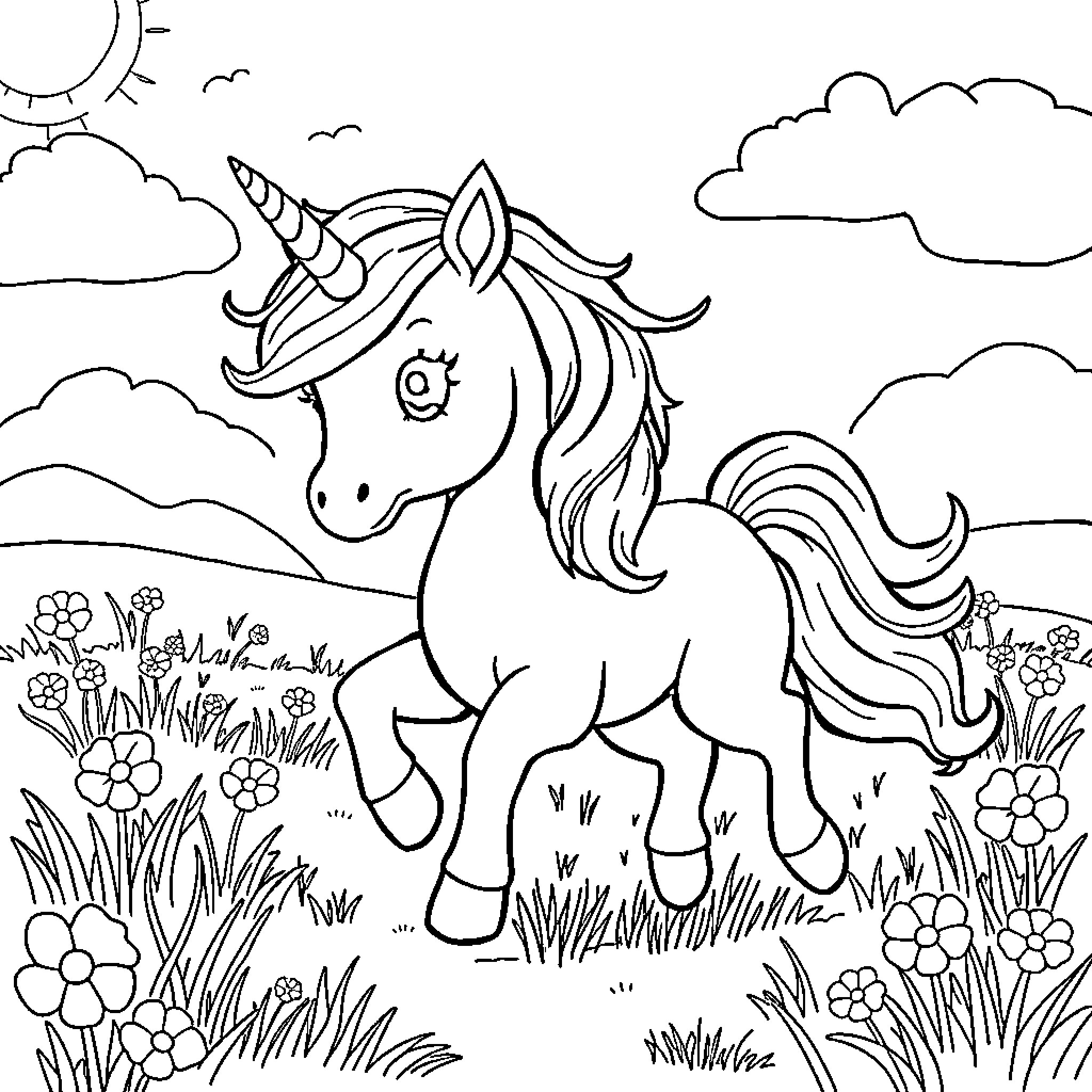 Baby Unicorn frolicking in a magical meadow Coloring Page (free black-and-white line drawing printable PDF for all, from beginners to advanced learners, including children, teens, adults, and seniors)