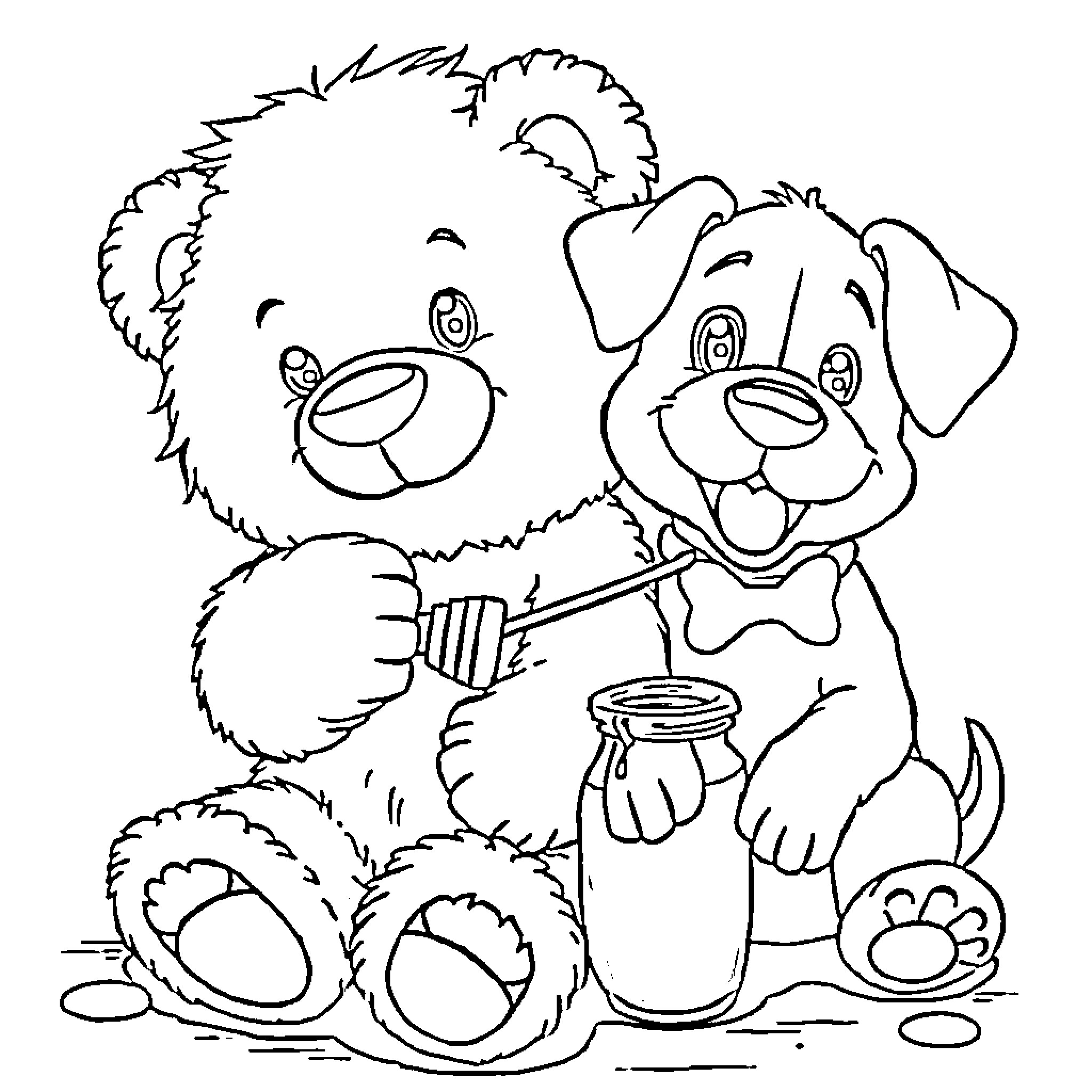 Teddy Bear and Puppy Sharing a Snack Coloring Page (free black-and-white line drawing printable PDF for all, from beginners to advanced learners, including children, teens, adults, and seniors)