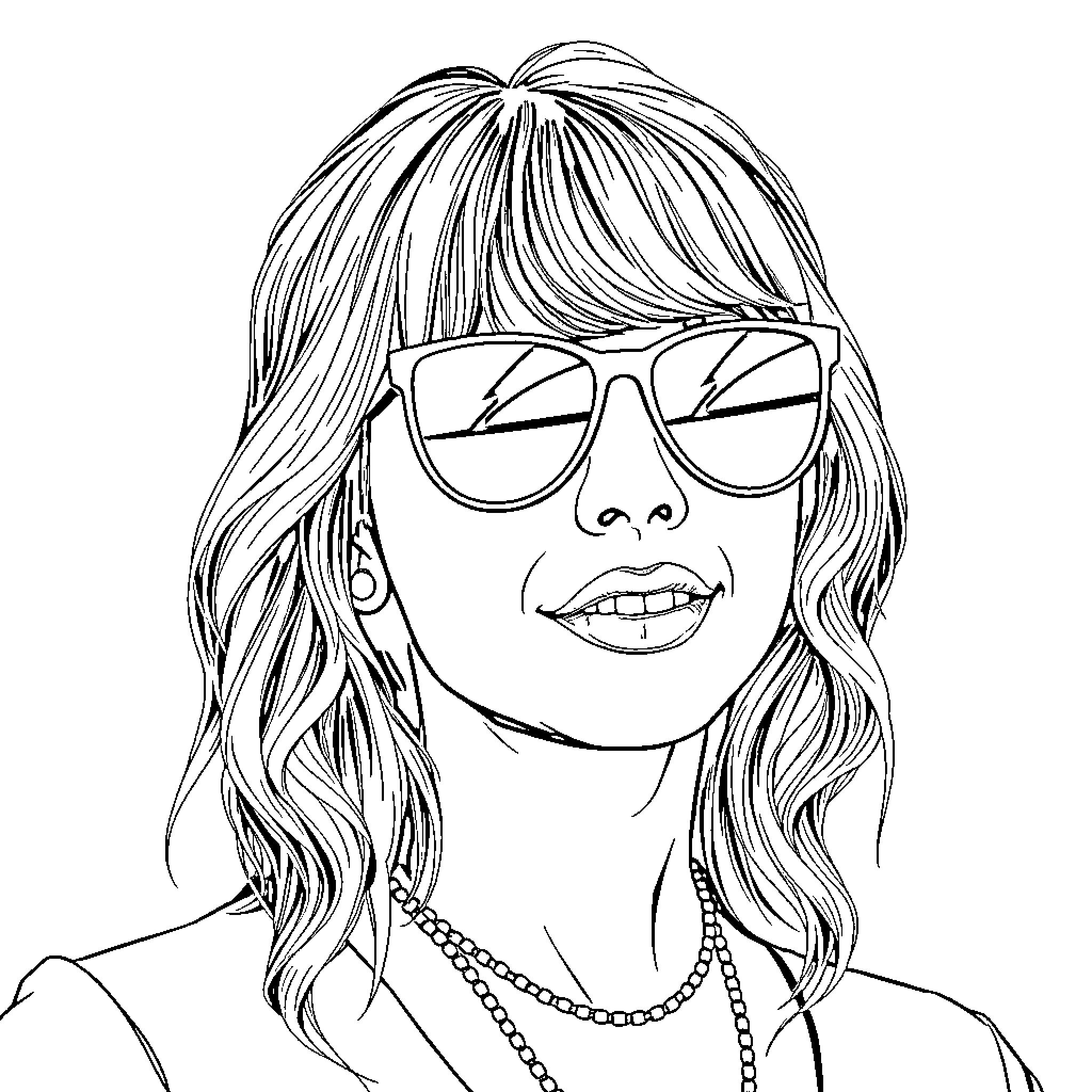 Taylor Swift posing in sunglasses and jewelry Coloring Page (free black-and-white line drawing printable PDF for all, from beginners to advanced learners, including children, teens, adults, and seniors)