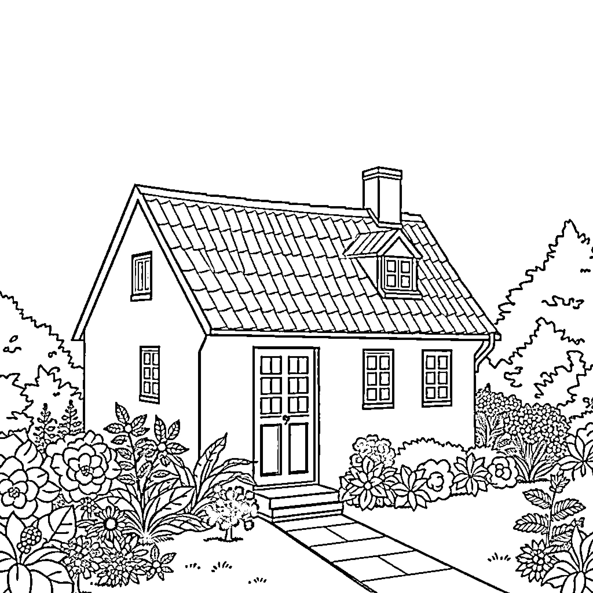 Danish House with Flower Garden Coloring Page (free black-and-white line drawing printable PDF for all, from beginners to advanced learners, including children, teens, adults, and seniors)