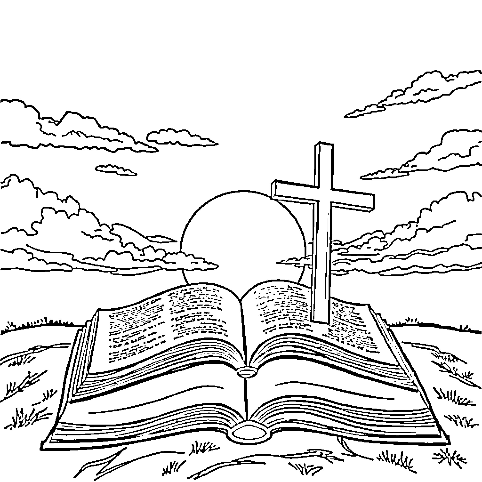 Bible study under the cross and clouds Coloring Page (free black-and-white line drawing printable PDF for all, from beginners to advanced learners, including children, teens, adults, and seniors)