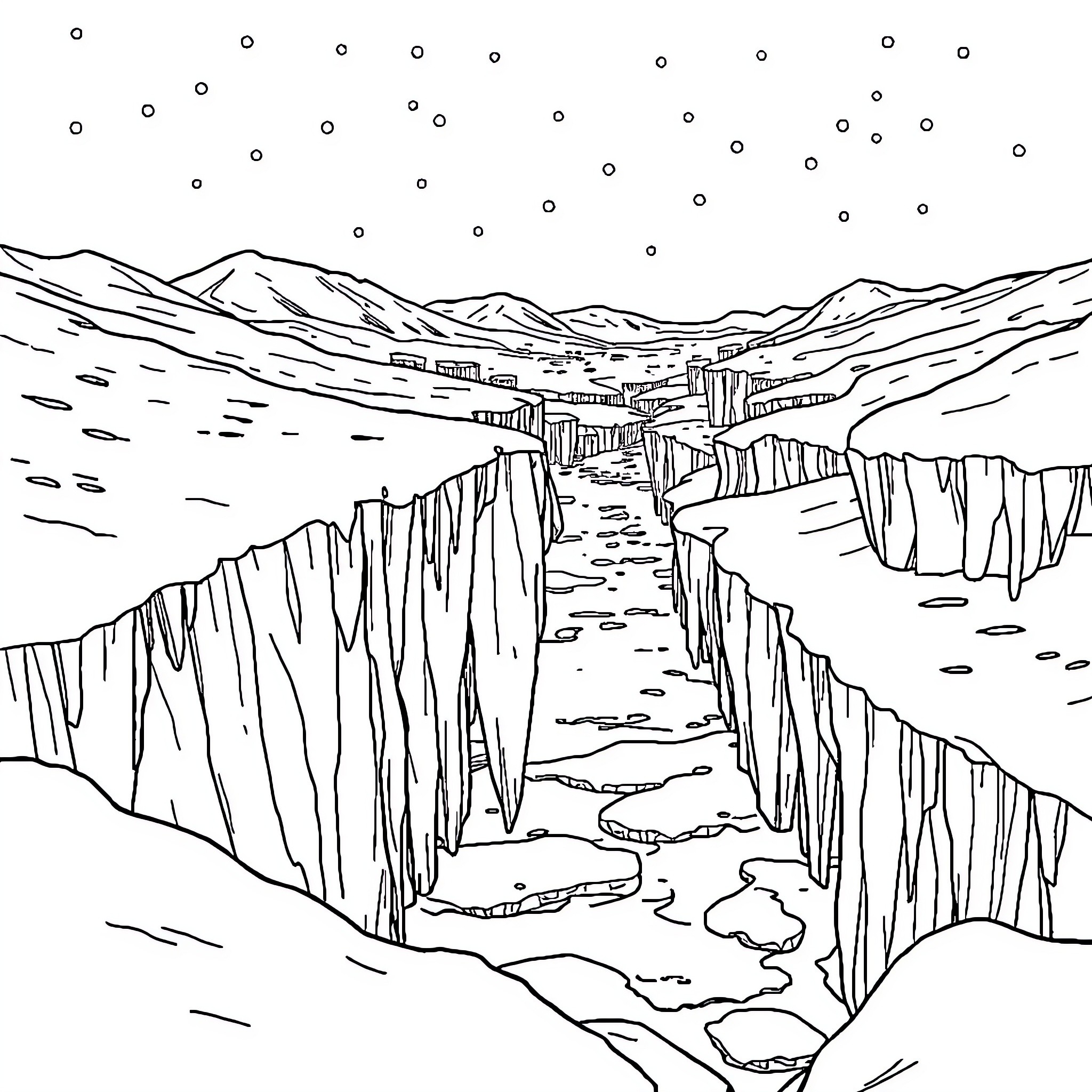 Frozen desolate landscape with deep crevices Coloring Page (free black-and-white line drawing printable PDF for all, from beginners to advanced learners, including children, teens, adults, and seniors)