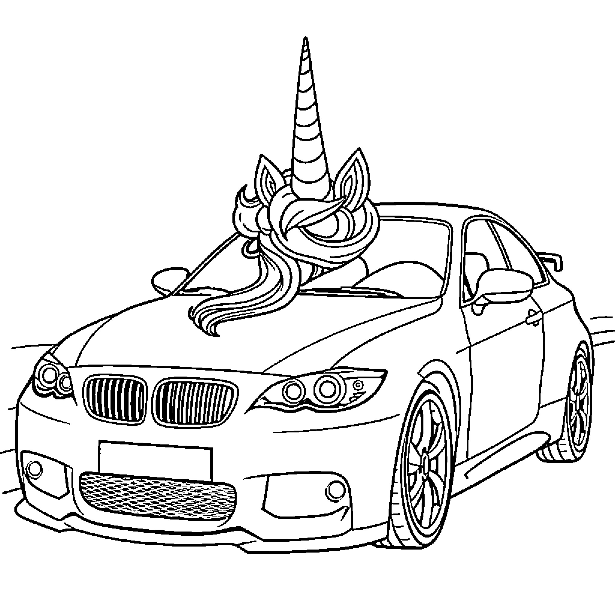 Car with unicorn horn and details Coloring Page (free black-and-white line drawing printable PDF for all, from beginners to advanced learners, including children, teens, adults, and seniors)