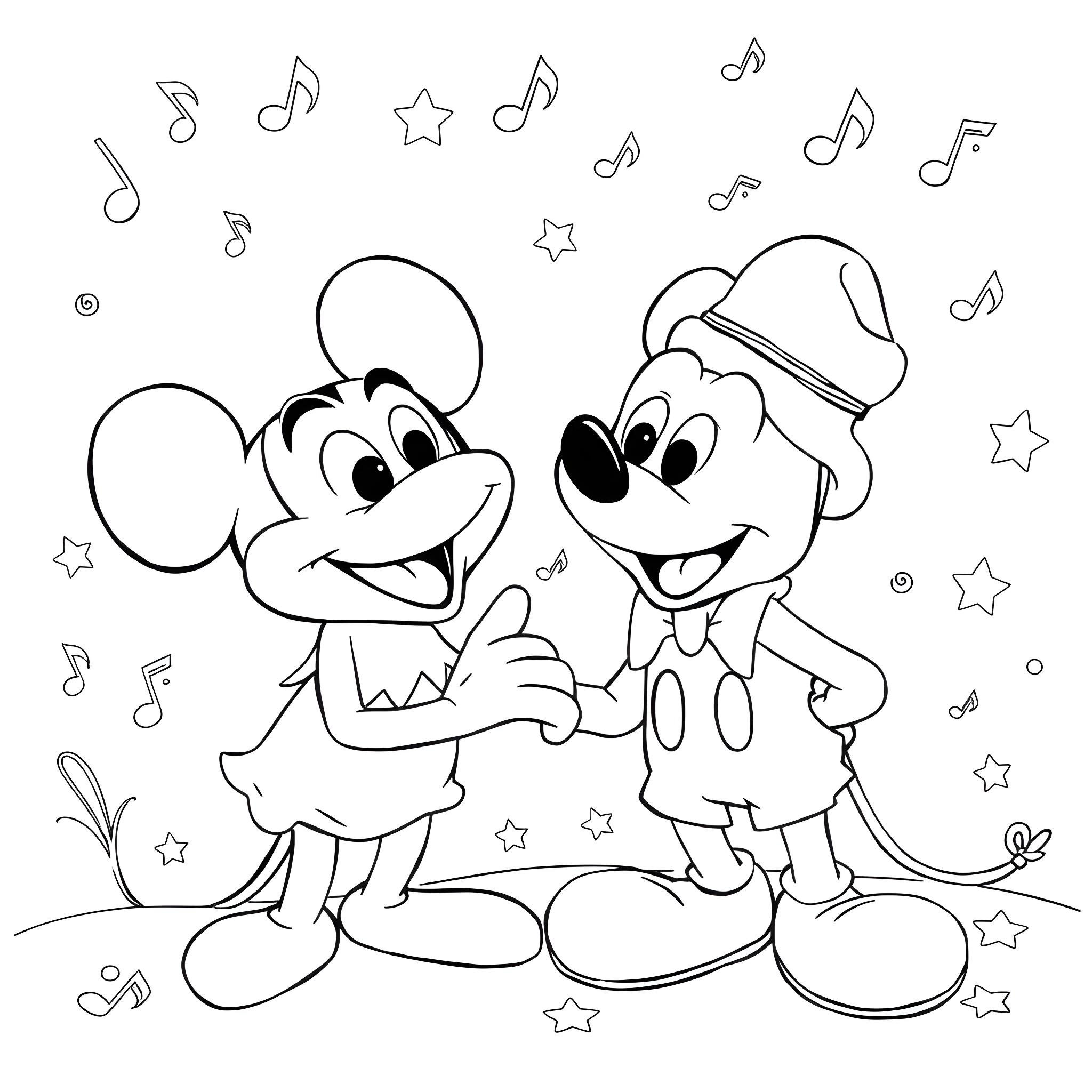 Kermit and Mickey Mouse singing and dancing together Coloring Page (free black-and-white line drawing printable PDF for all, from beginners to advanced learners, including children, teens, adults, and seniors)