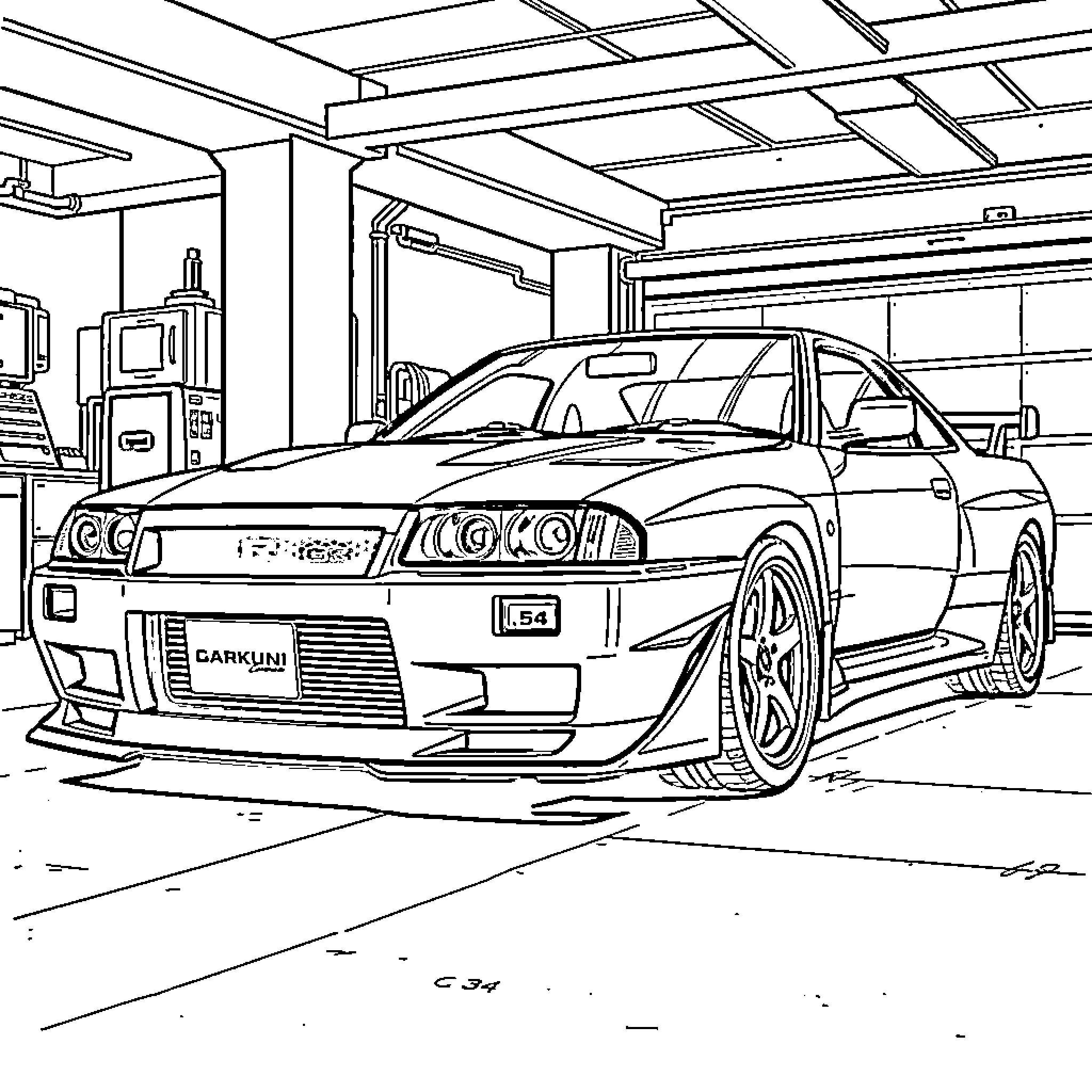 Gtr sports car in garage workshop Coloring Page (free black-and-white line drawing printable PDF for all, from beginners to advanced learners, including children, teens, adults, and seniors)